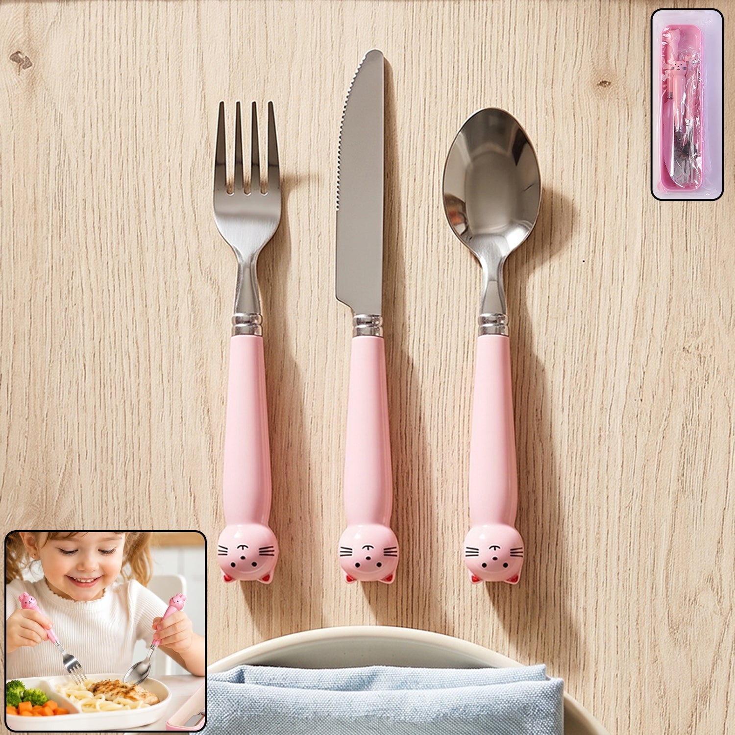 Kids stainless steel cutlery set with colorful case and cartoon design