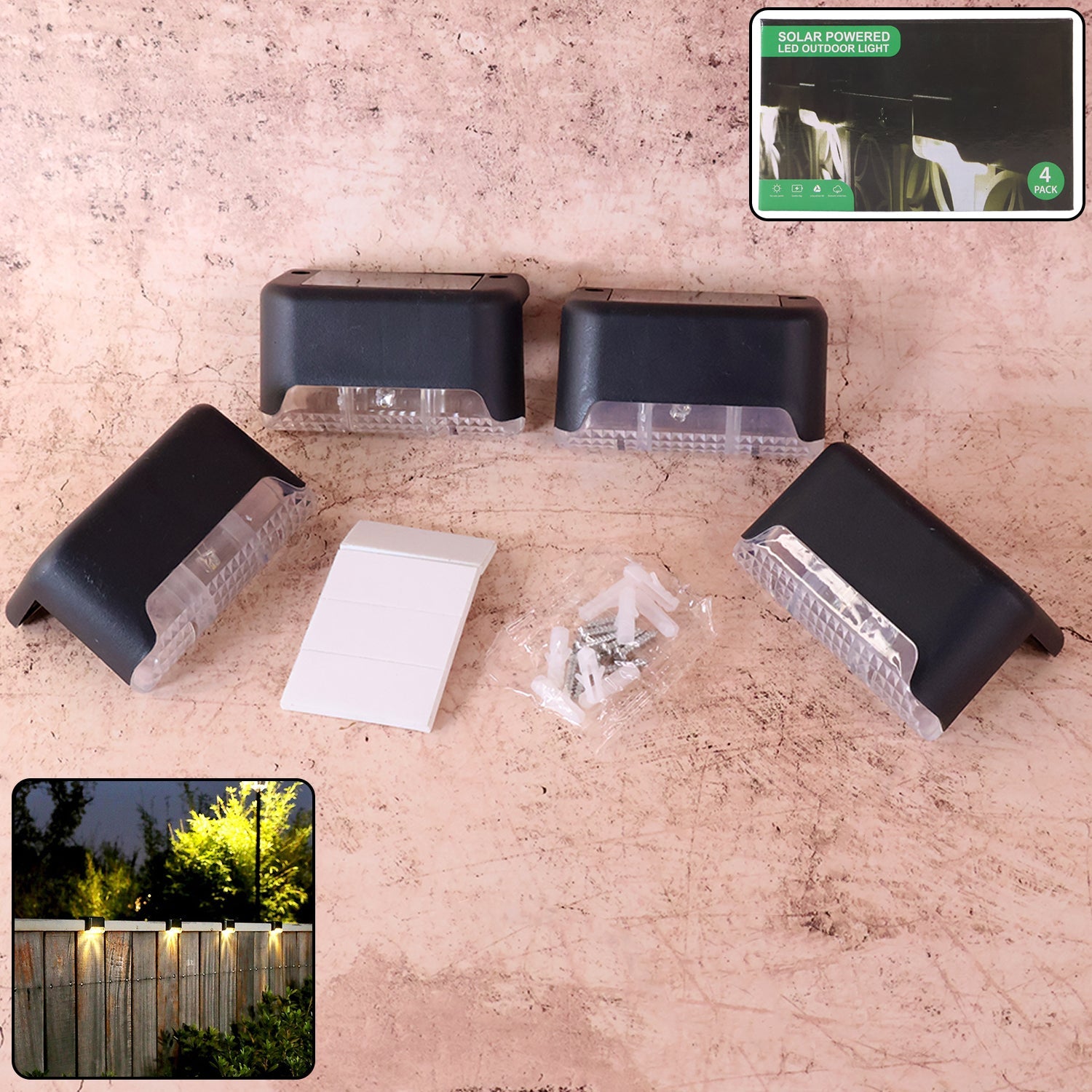 Main view of 4-piece Garden Vera solar stair lights, showing their compact design.