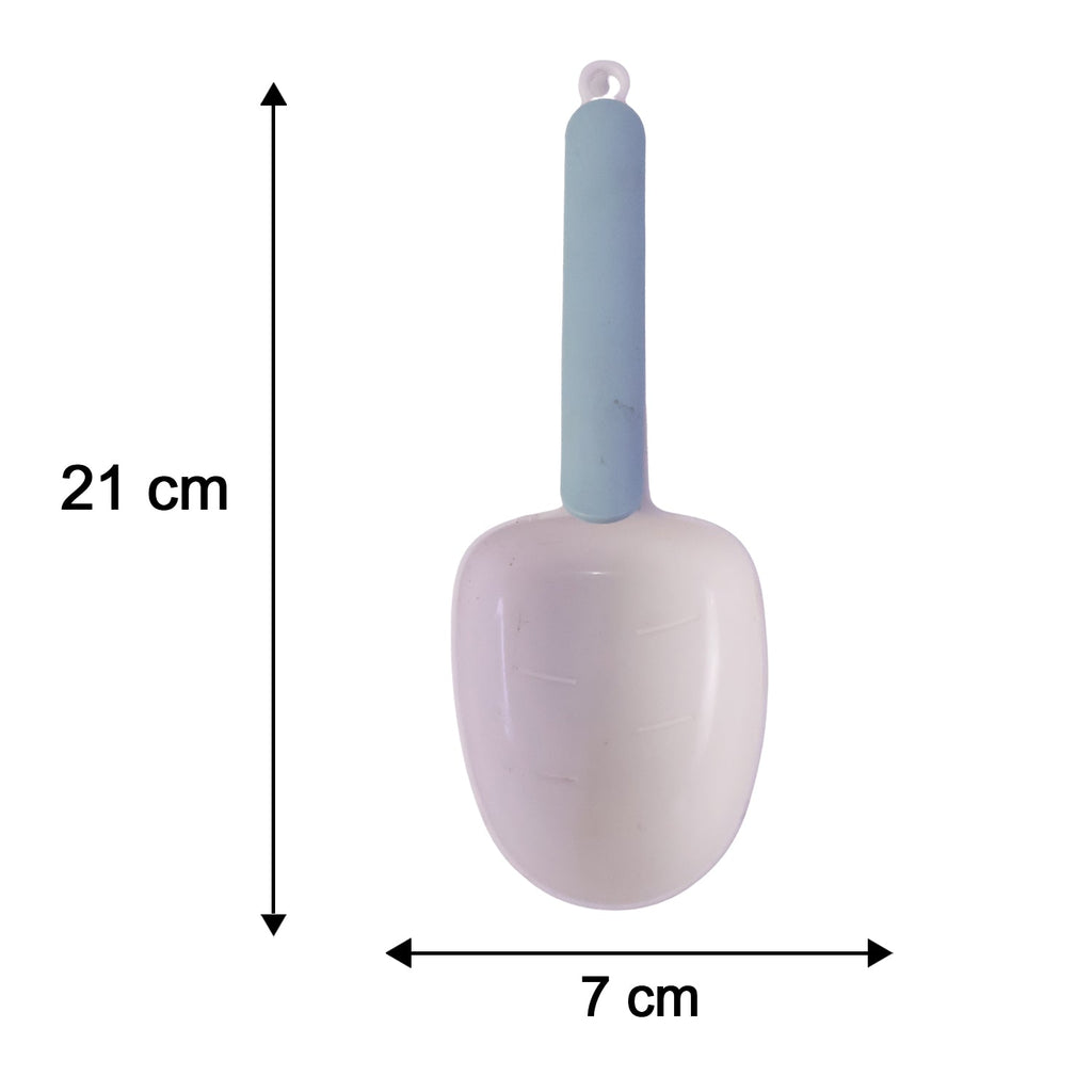 The versatile plastic measuring spoon, ideal for various kitchen ingredients like rice and grains.