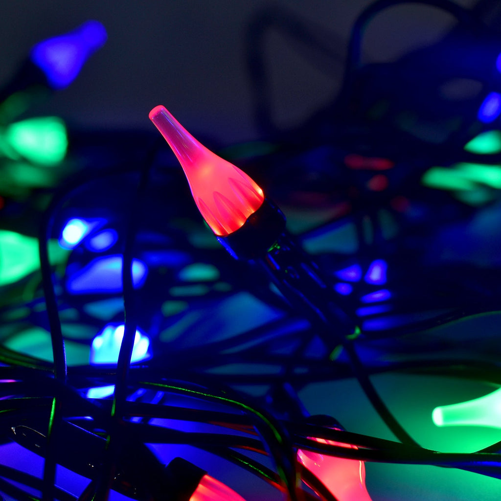 Multi-color LED string light displaying energy-efficient bulbs on flexible wire
