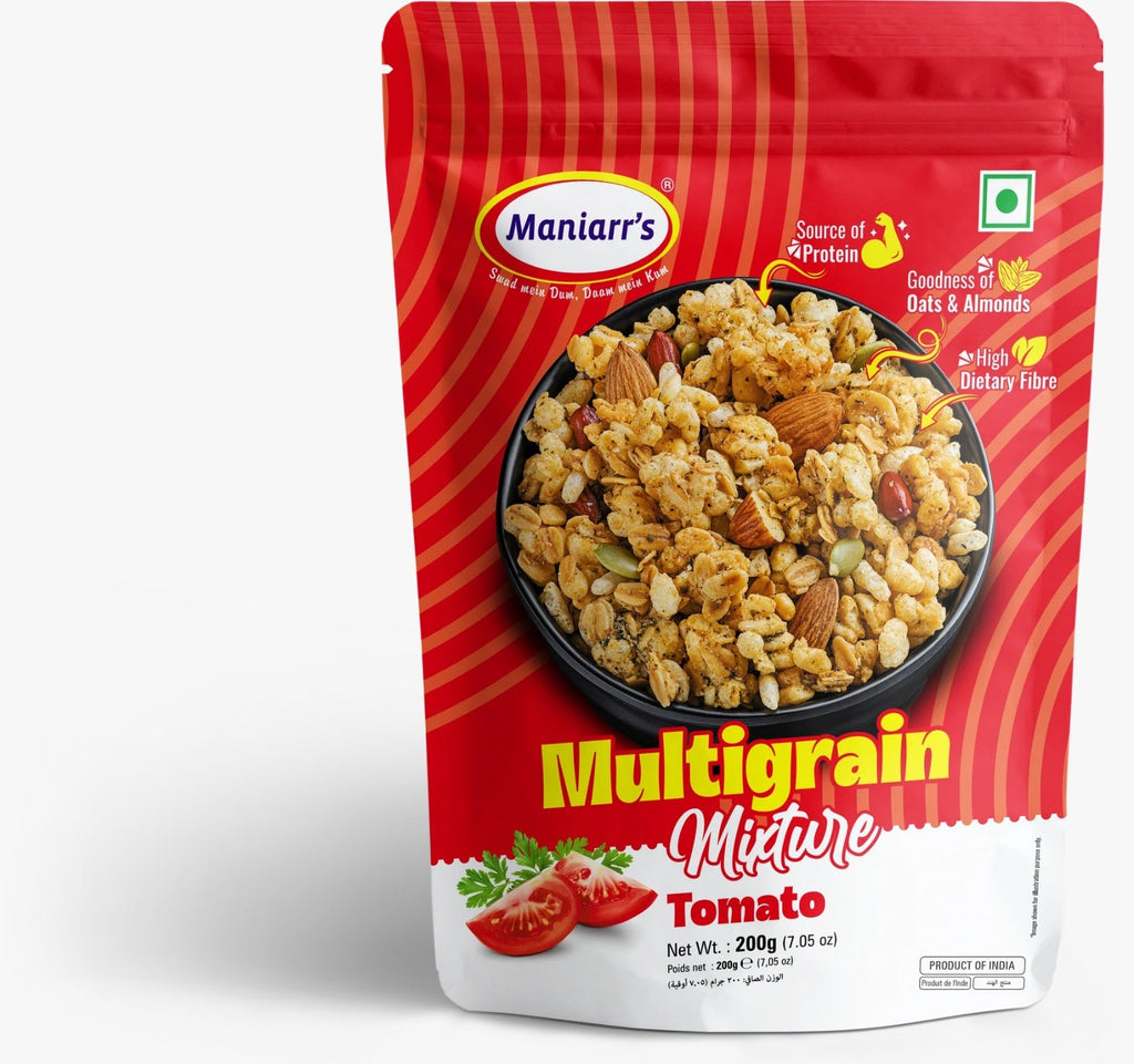 Nutritional information and ingredient list for Maniarr's healthy Tomato Roasted Multigrain Mixture.