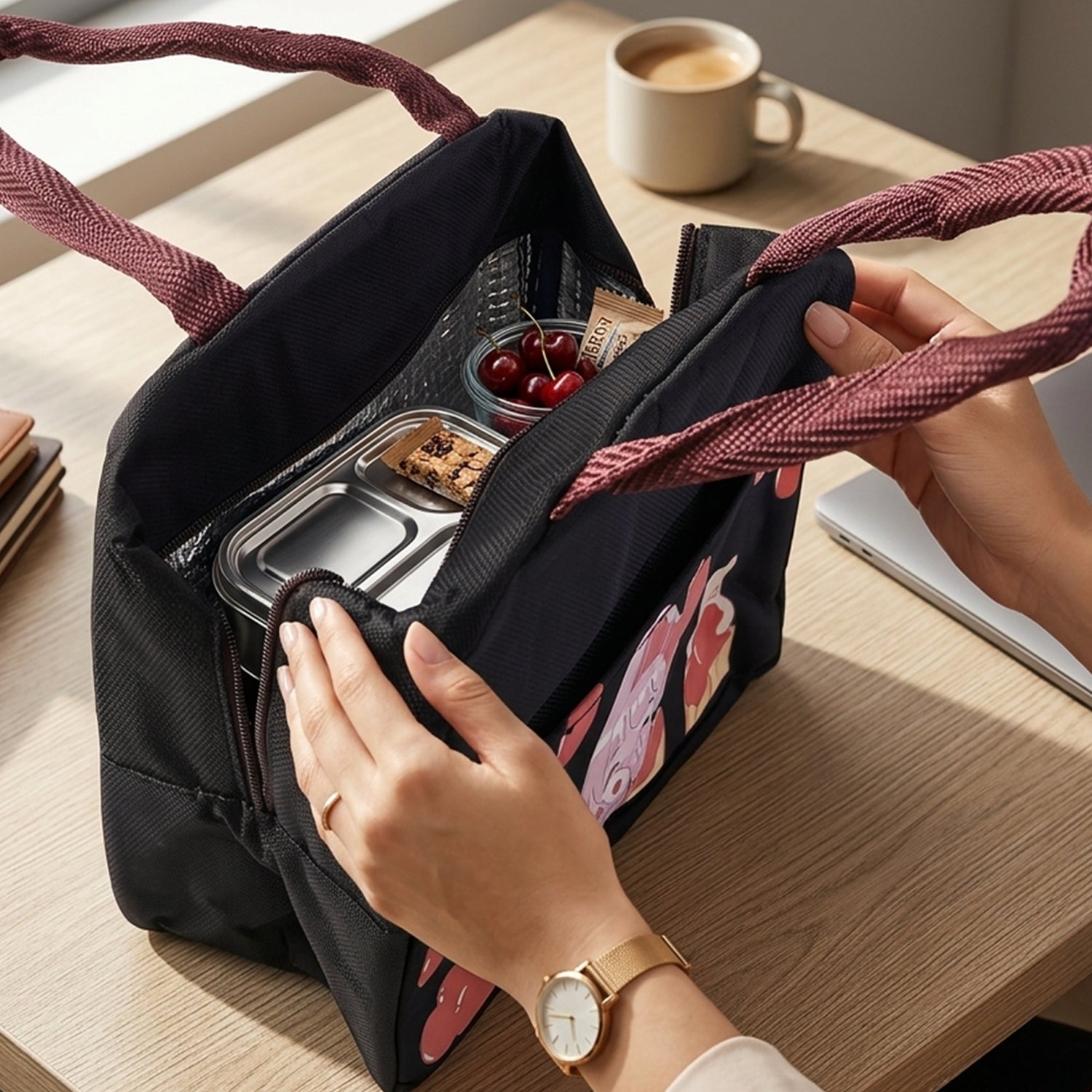 Cartoon print food bag for school and outdoor use