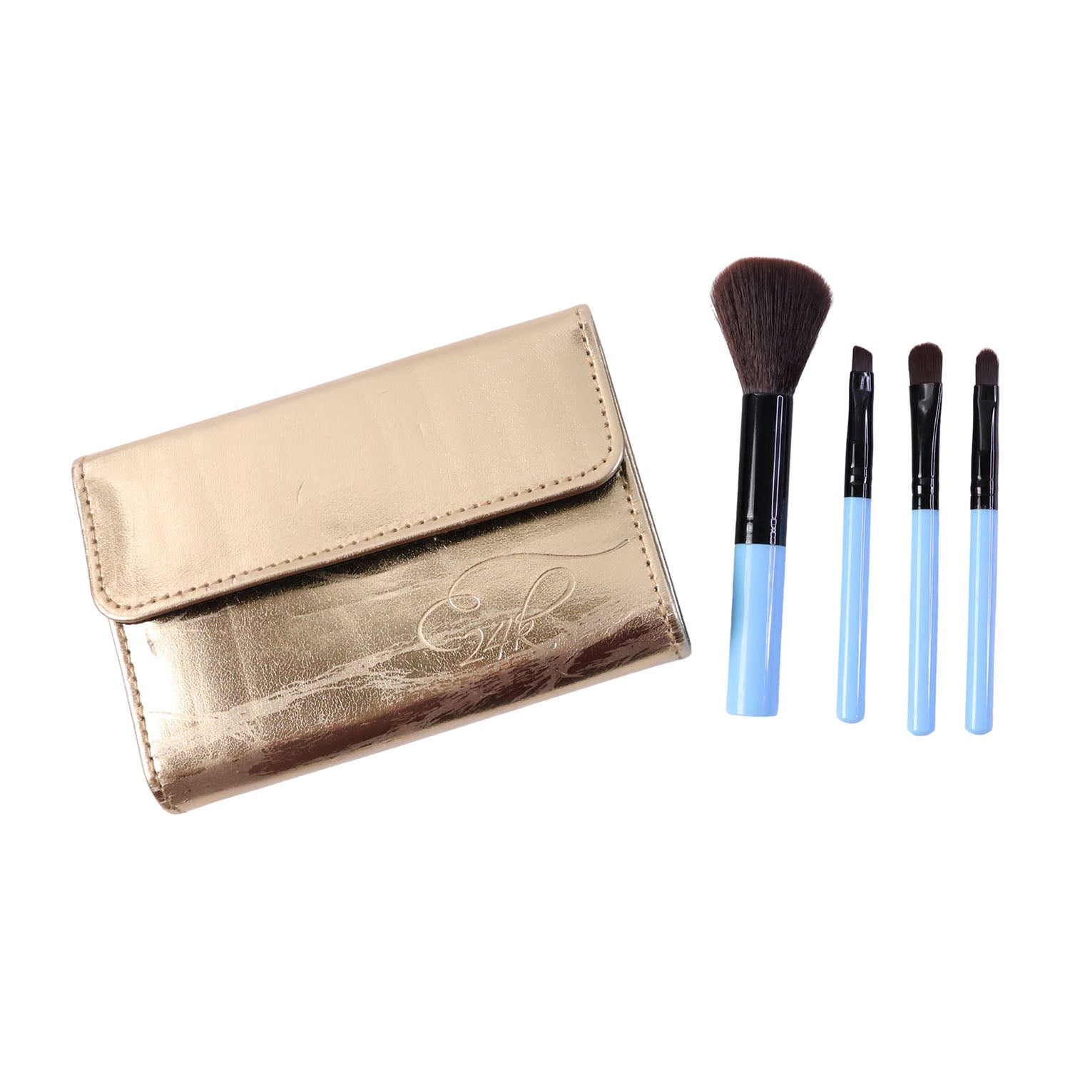 Mini makeup brush kit featuring four essential brushes with storage pouch