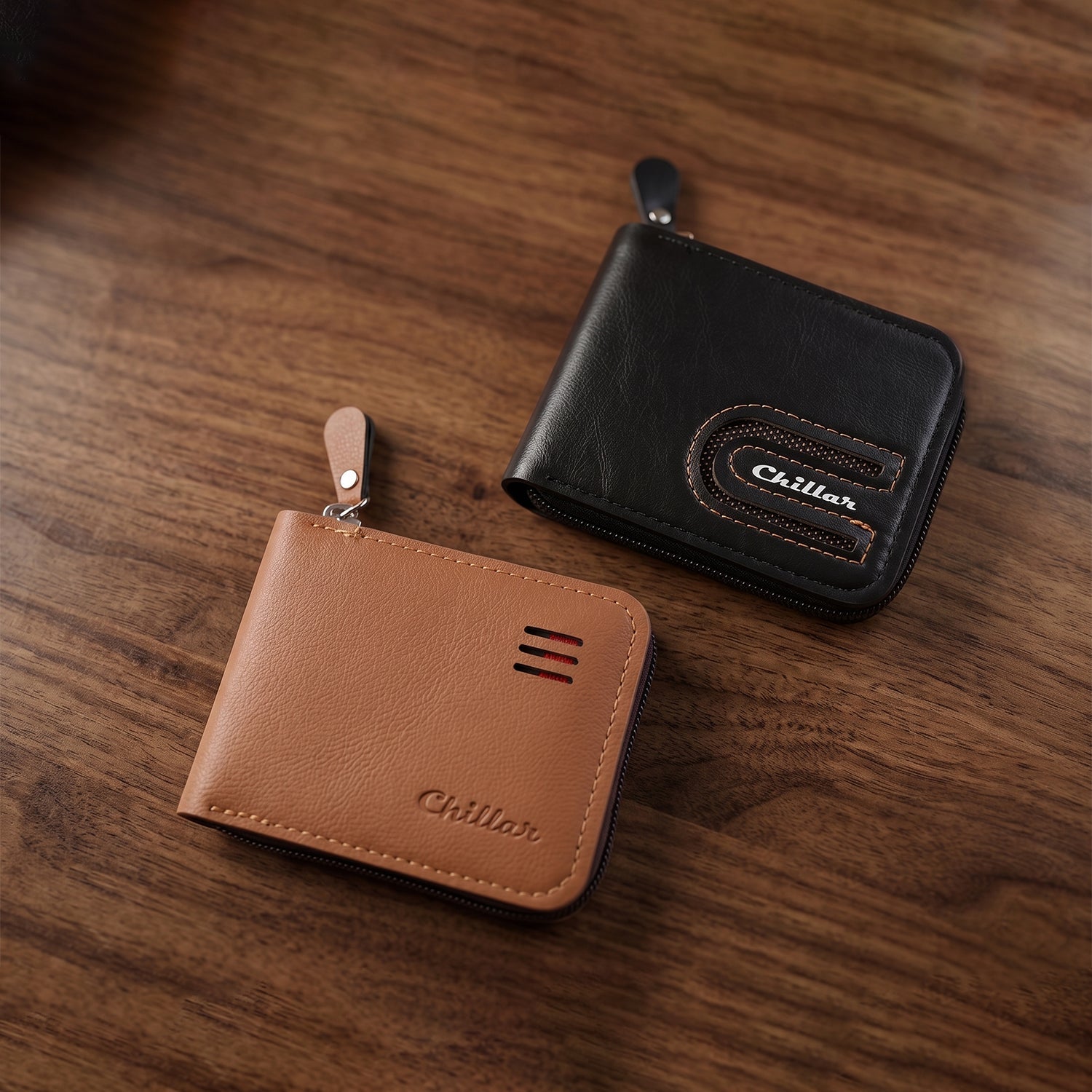 Close-up showing smooth zipper pull on card holder wallet