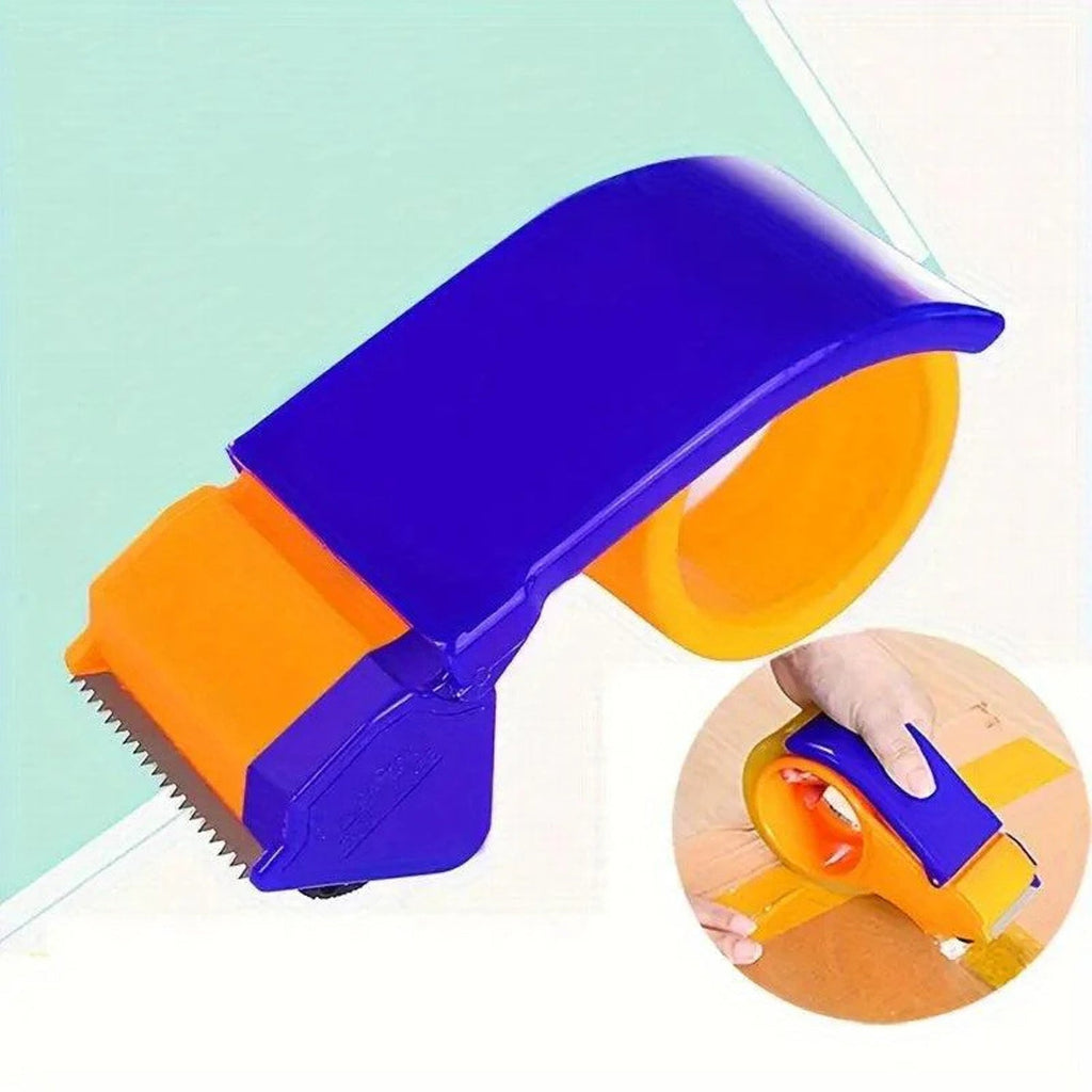 Side view of the durable plastic hand tape dispenser, showcasing its design.