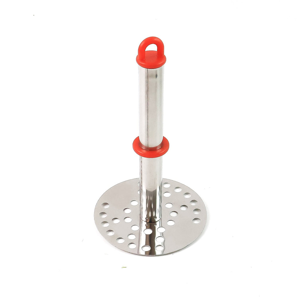 Potato masher hanging on kitchen rack using the hanging loop