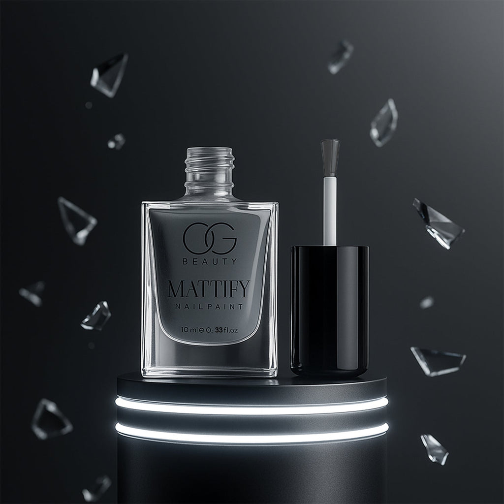 OG Beauty Calm Grey Mattify Nail Paint bottle on a minimalist background.
