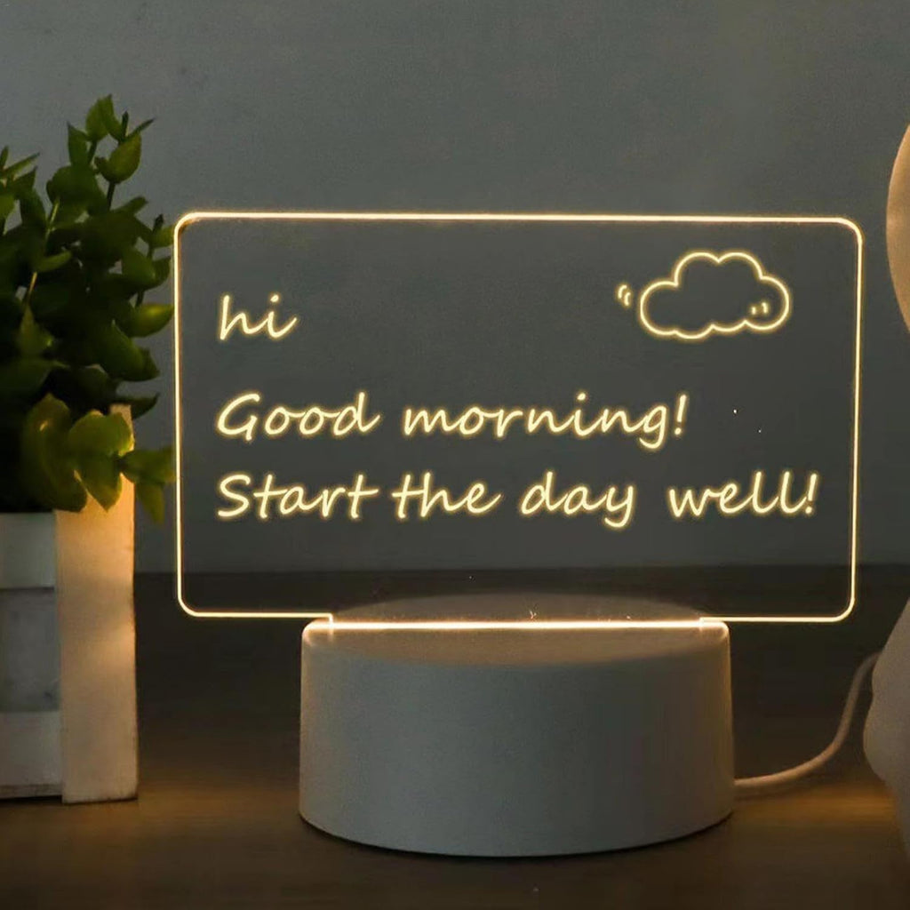 LED night lamp with writable acrylic panel glowing softly