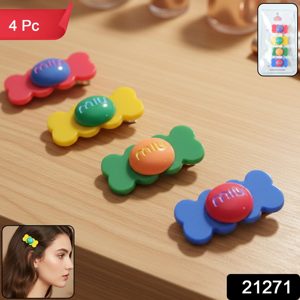 Close-up of pink candy-shaped snap hair clip with glossy colorful finish
