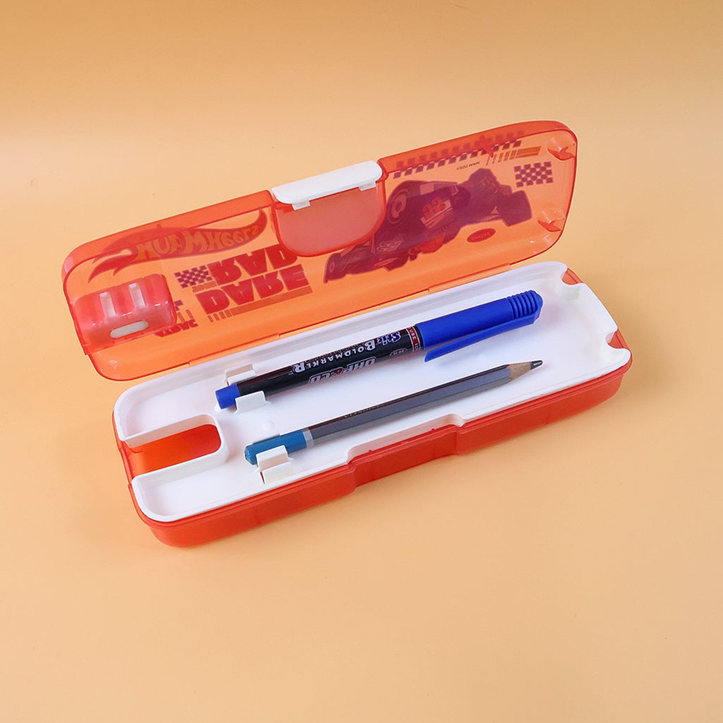 Open cartoon pencil box with the integrated LED light brightly illuminated.