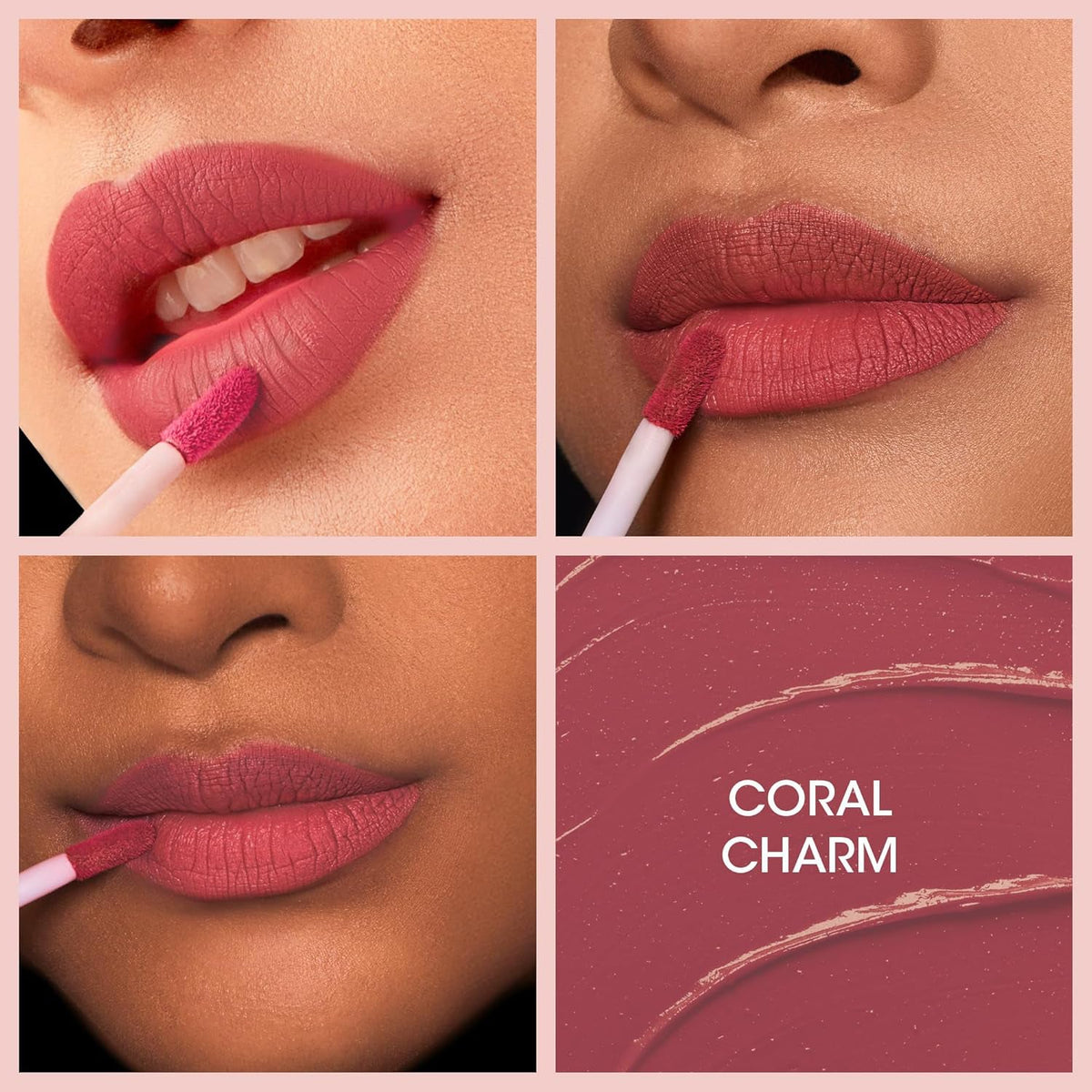 Coral Charm Matte Liquid Lipstick showing hydrating moisturizing finish