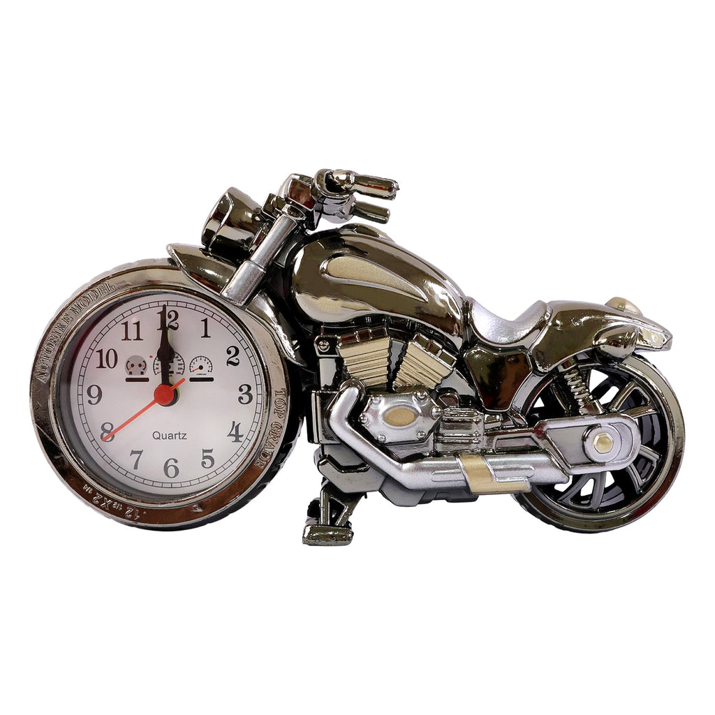 Motorcycle alarm clock demonstrating alarm feature on back