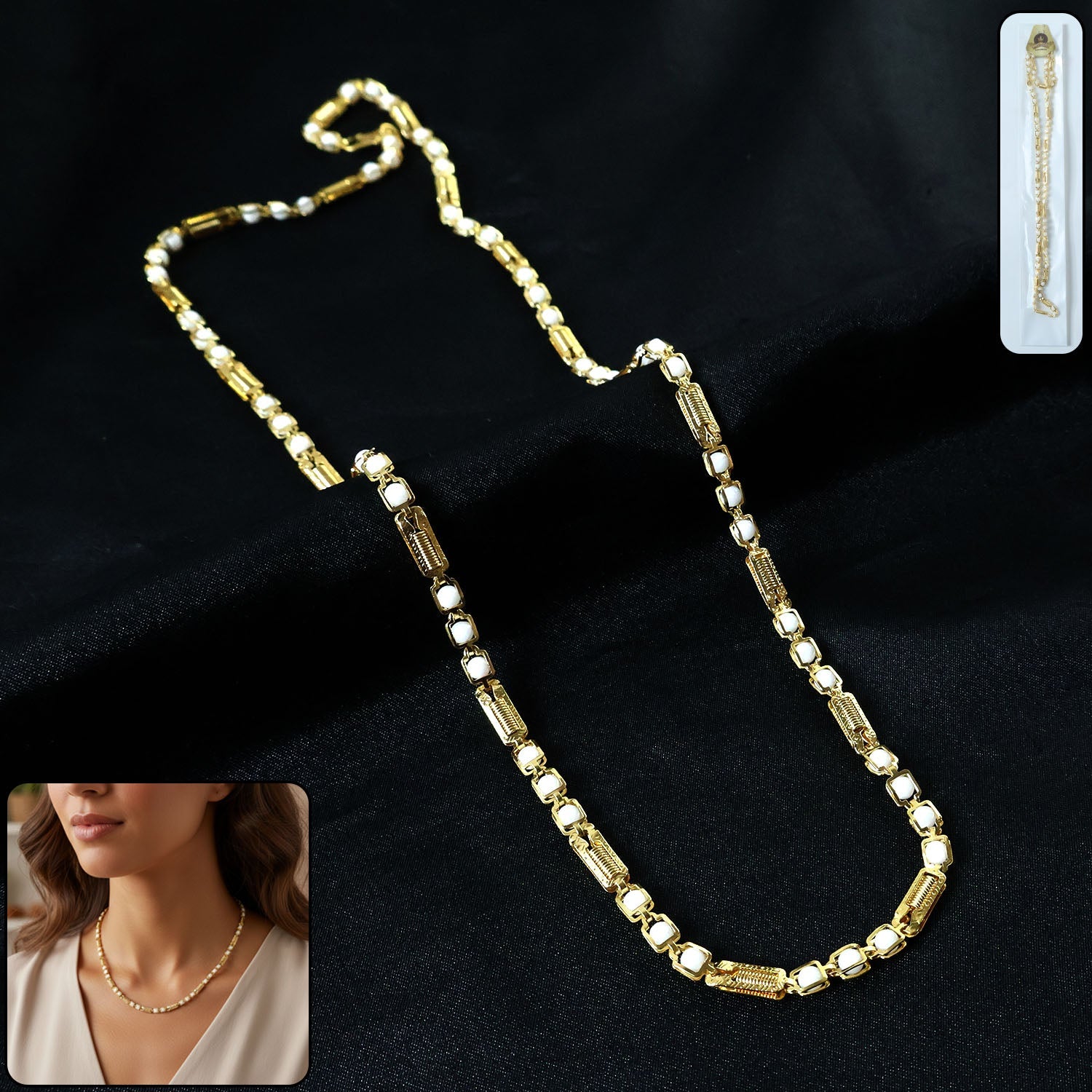 Gold tone designer chain necklace with embedded stone pattern for women and girls