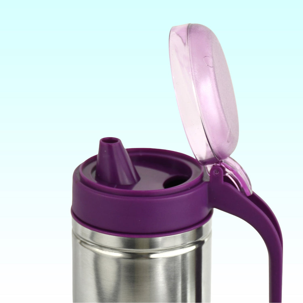 Close up view of ergonomic handle on stainless steel oil pourer