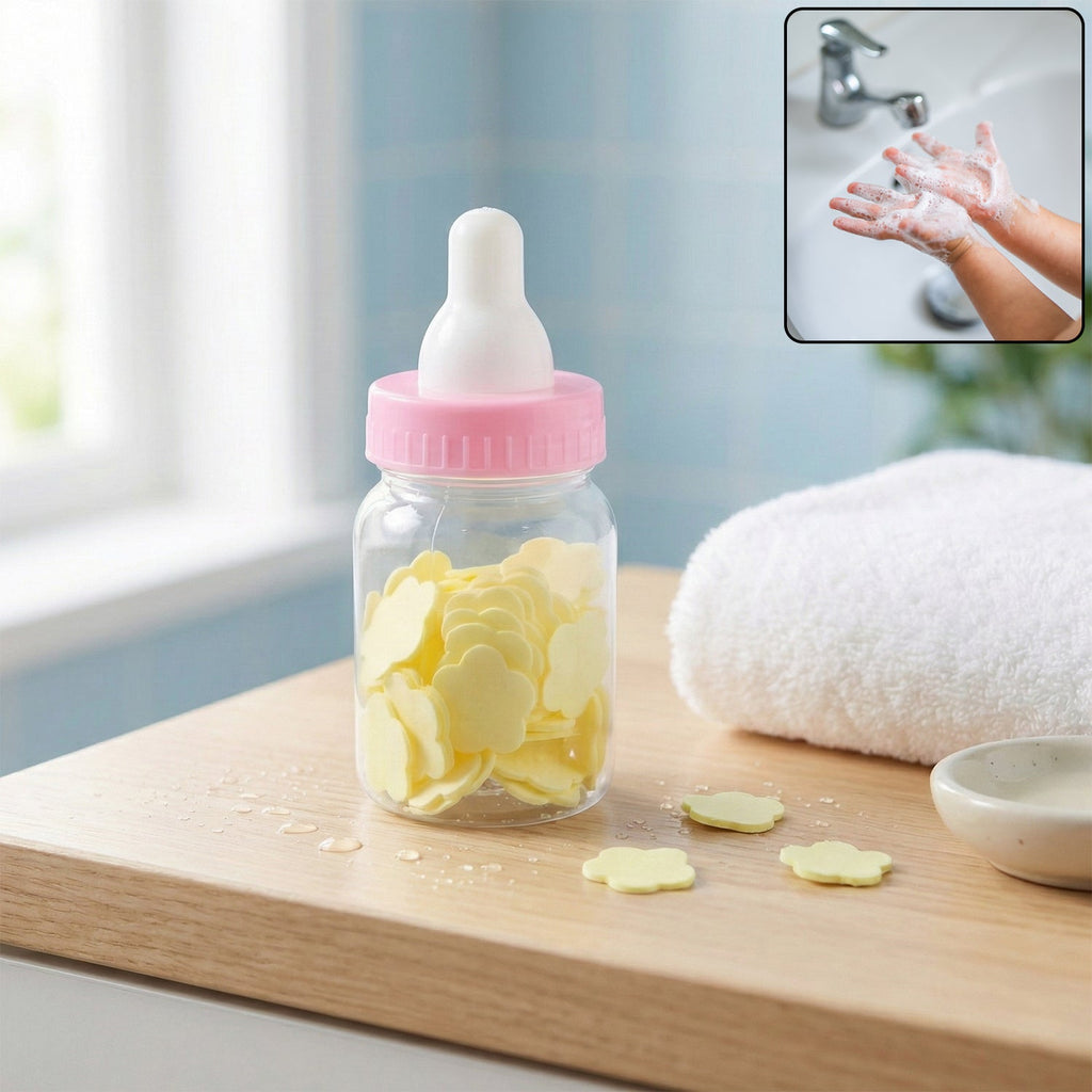 Portable baby bottle soap paper sheets set in a compact container for hand hygiene
