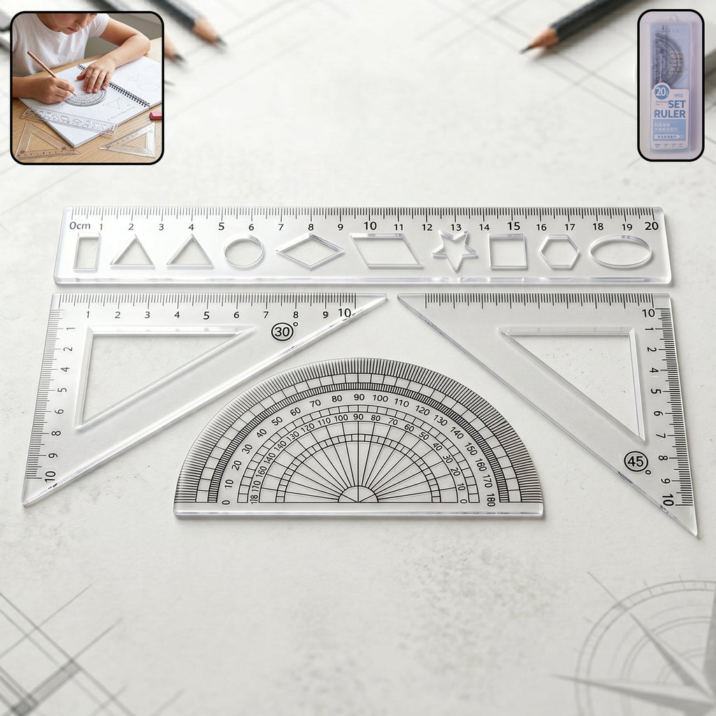 Student geometry ruler set 4-piece with transparent plastic tools