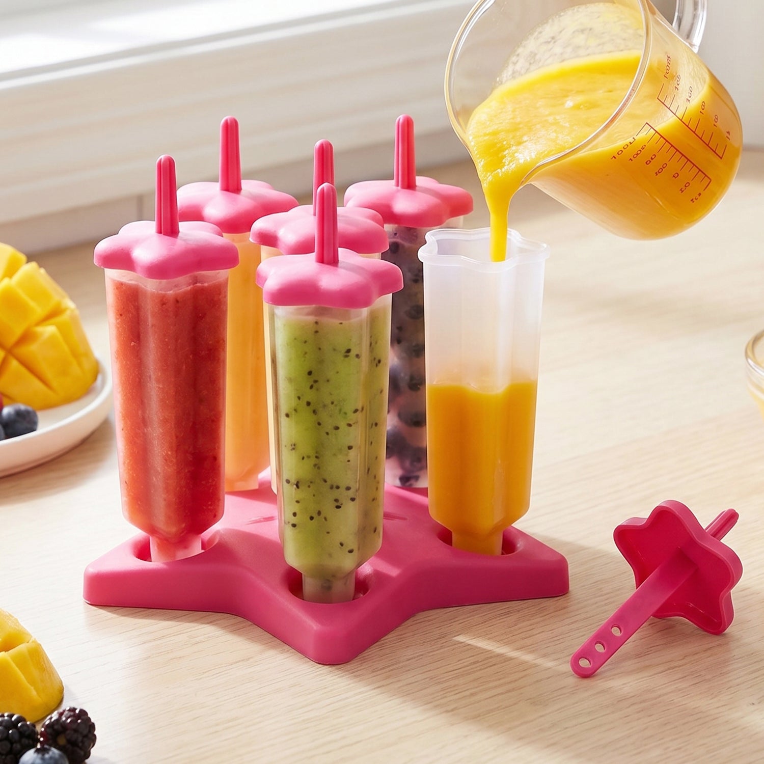 Plastic ice cream molds with sticks placed in freezer for making homemade popsicles