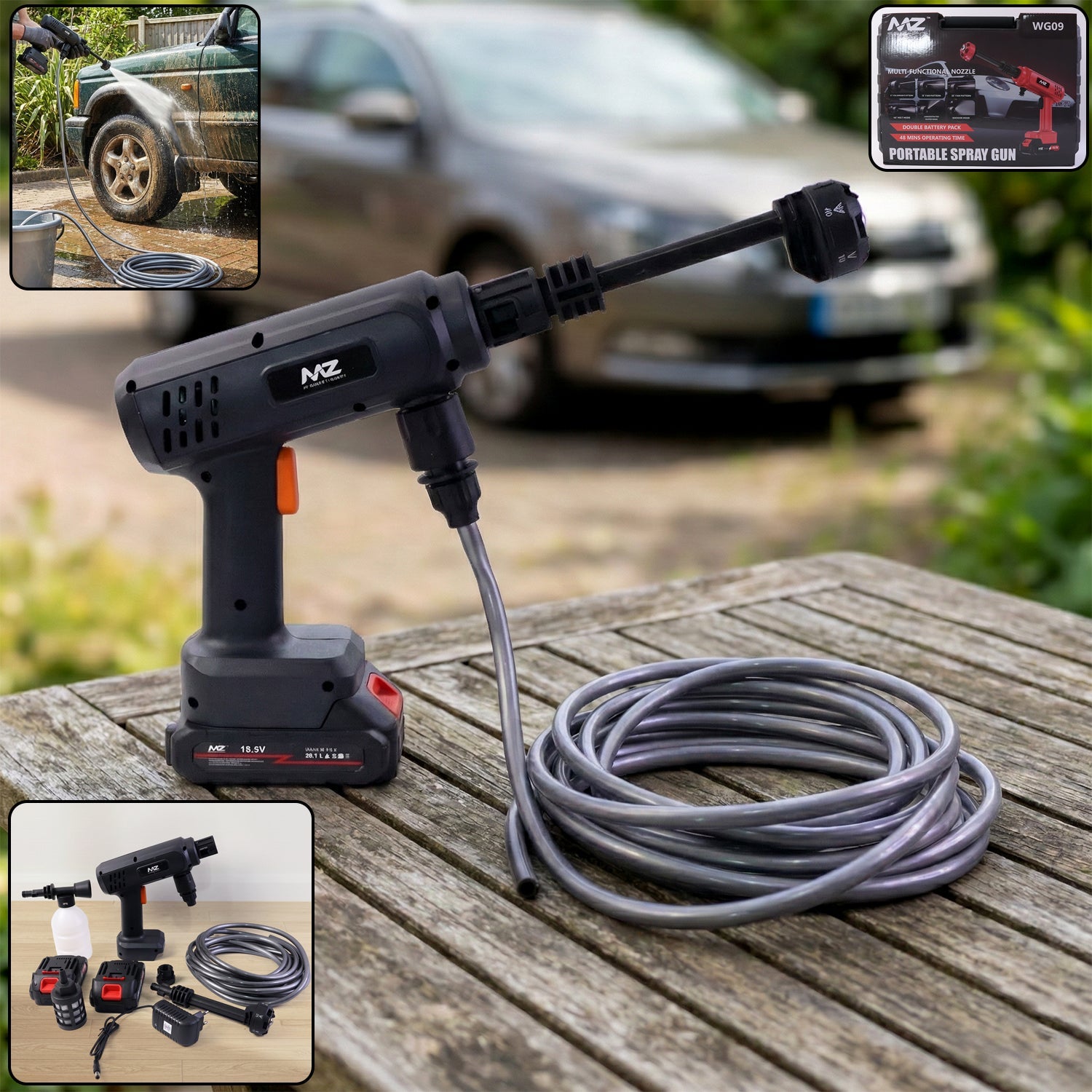 Rechargeable cordless high-pressure spray gun with ergonomic handle and adjustable nozzle