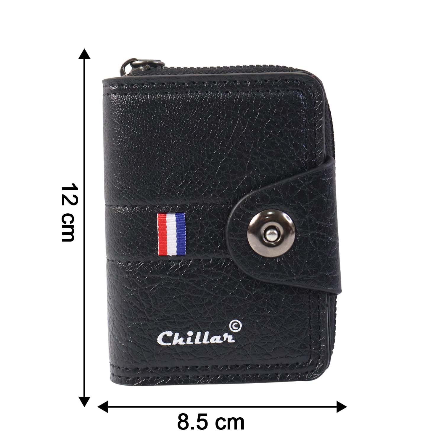 Size reference display for black zip-around card holder wallet