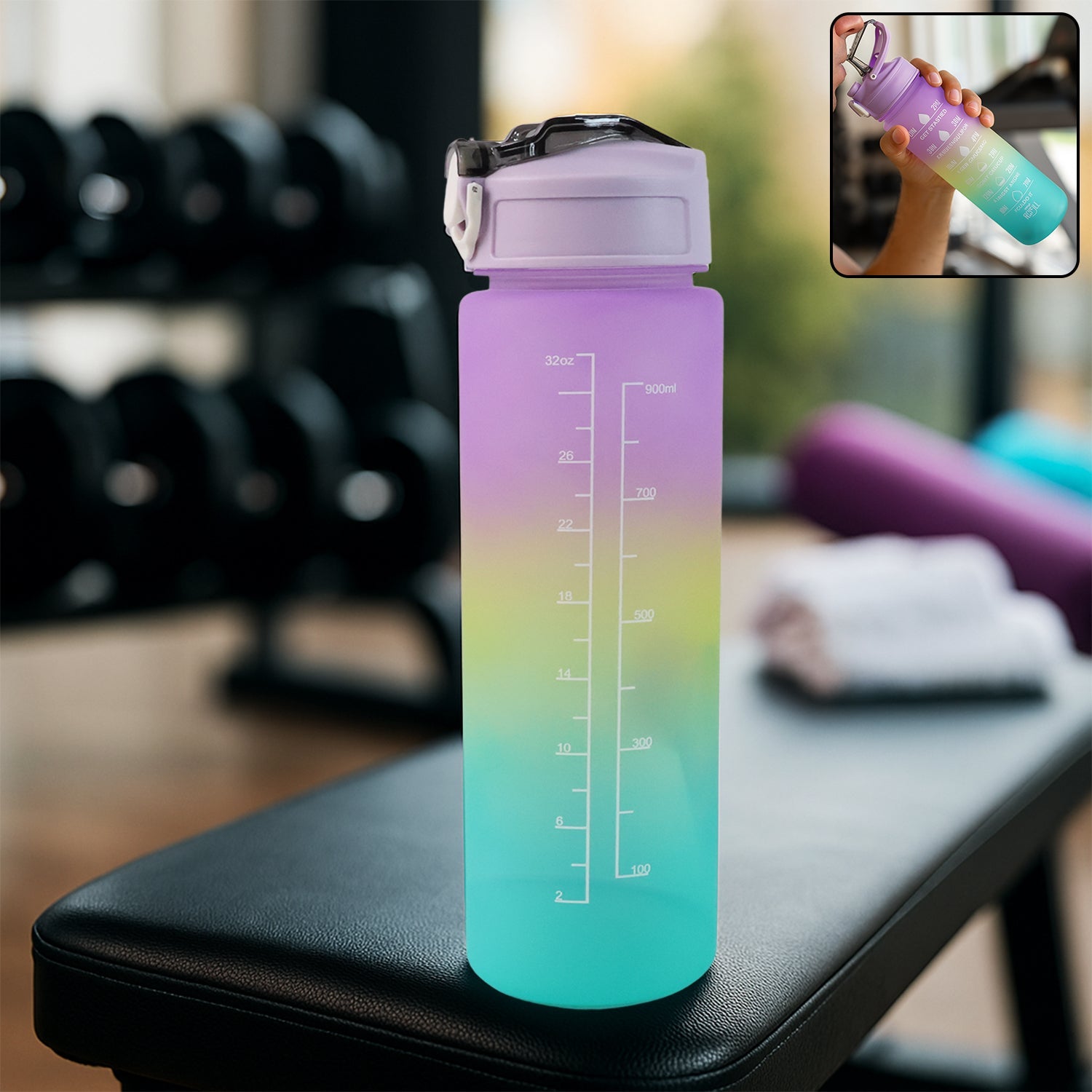 Front view of the Motivational Water Bottle with time markers and a vibrant design.