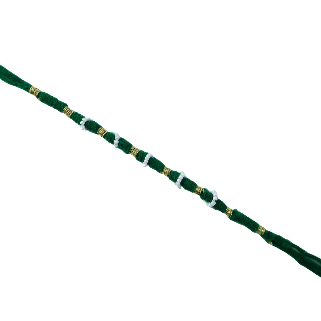 Green Mauli thread rakhi with decorative bead work