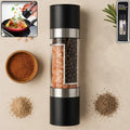 Front view of 2-in-1 stainless steel salt and pepper grinder with dual chambers