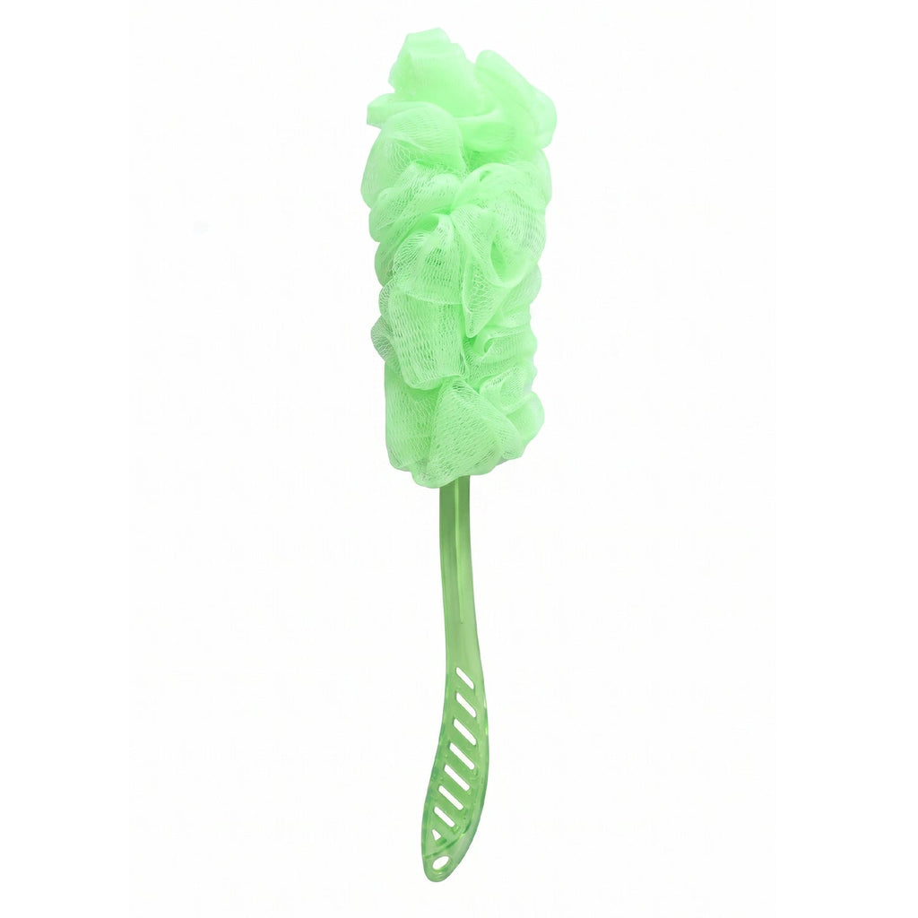 Ergonomically designed handle of the bath loofah brush for comfortable use.