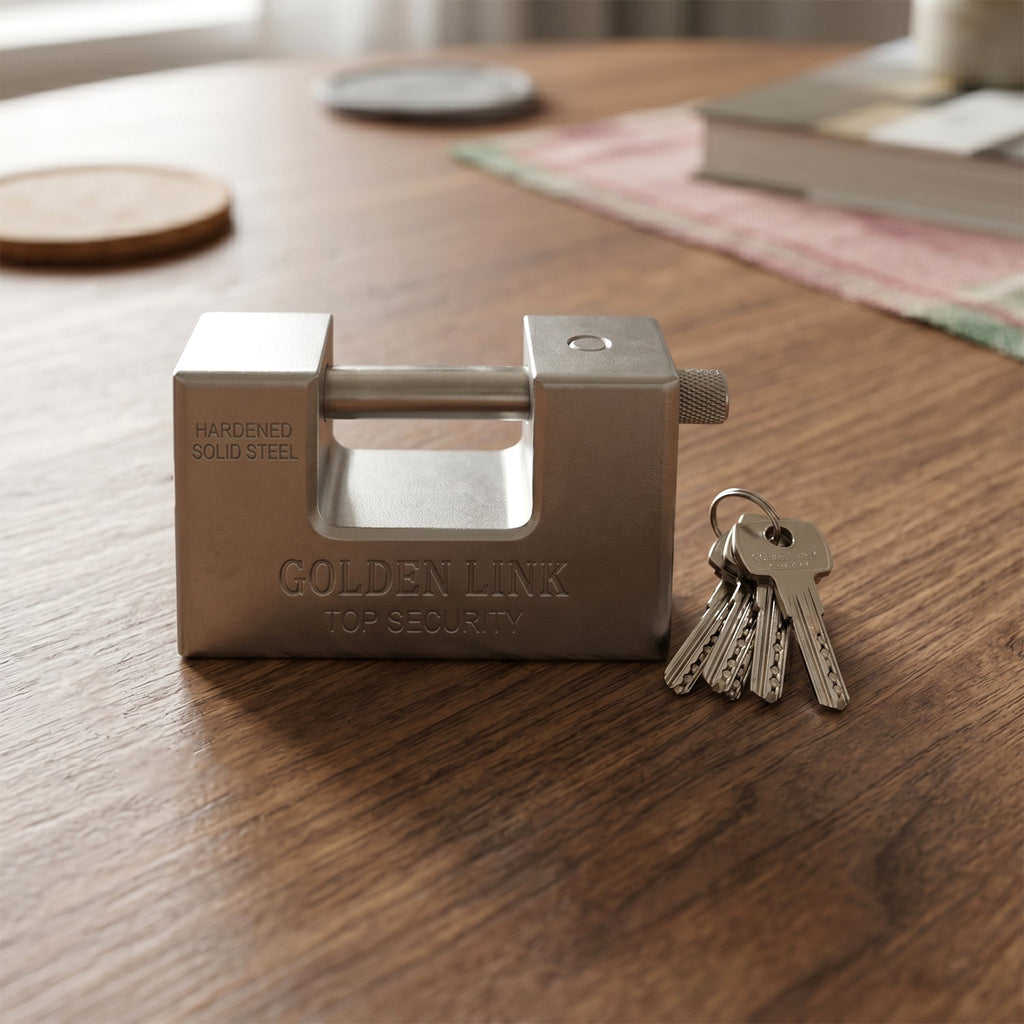 Side view showcasing the robust construction of the hardened steel padlock.