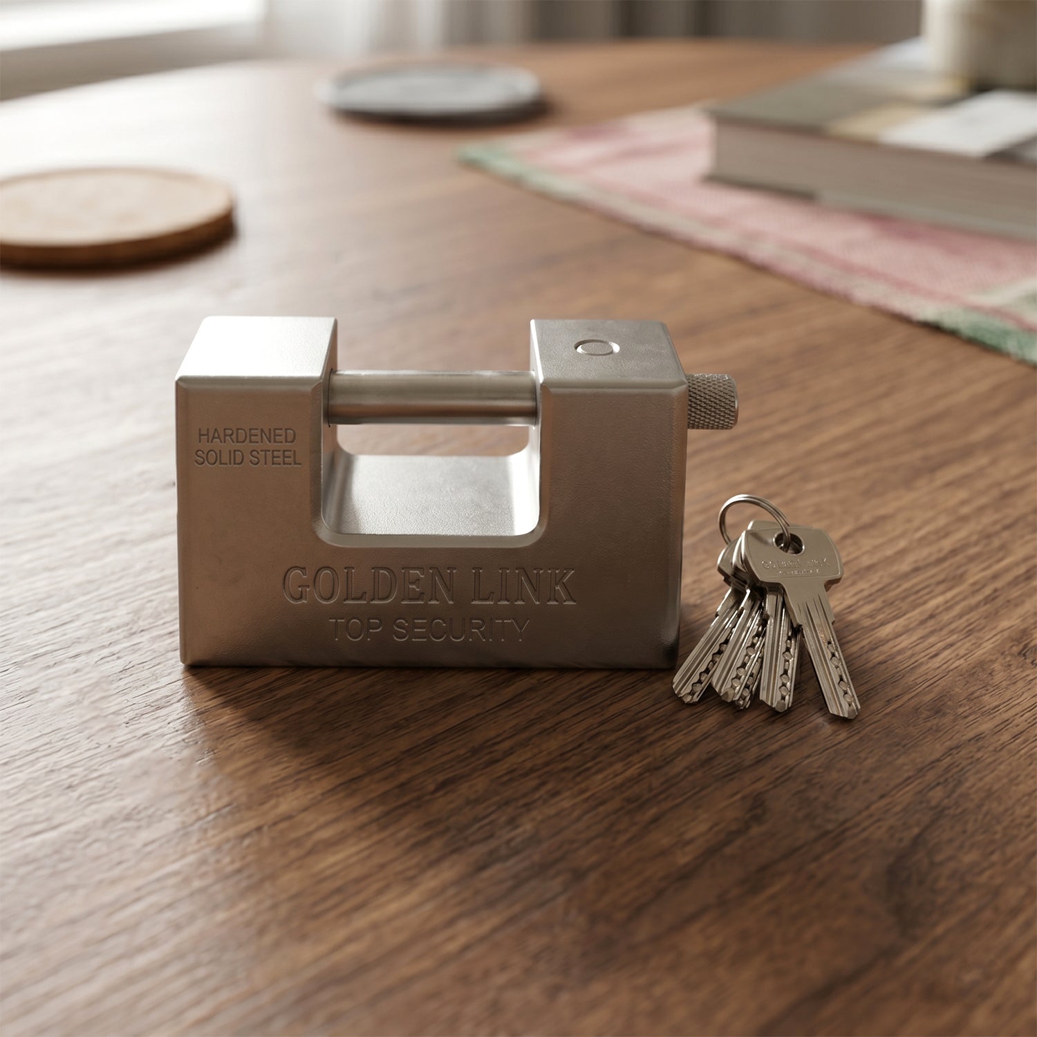 Side view showcasing the robust construction of the hardened steel padlock.