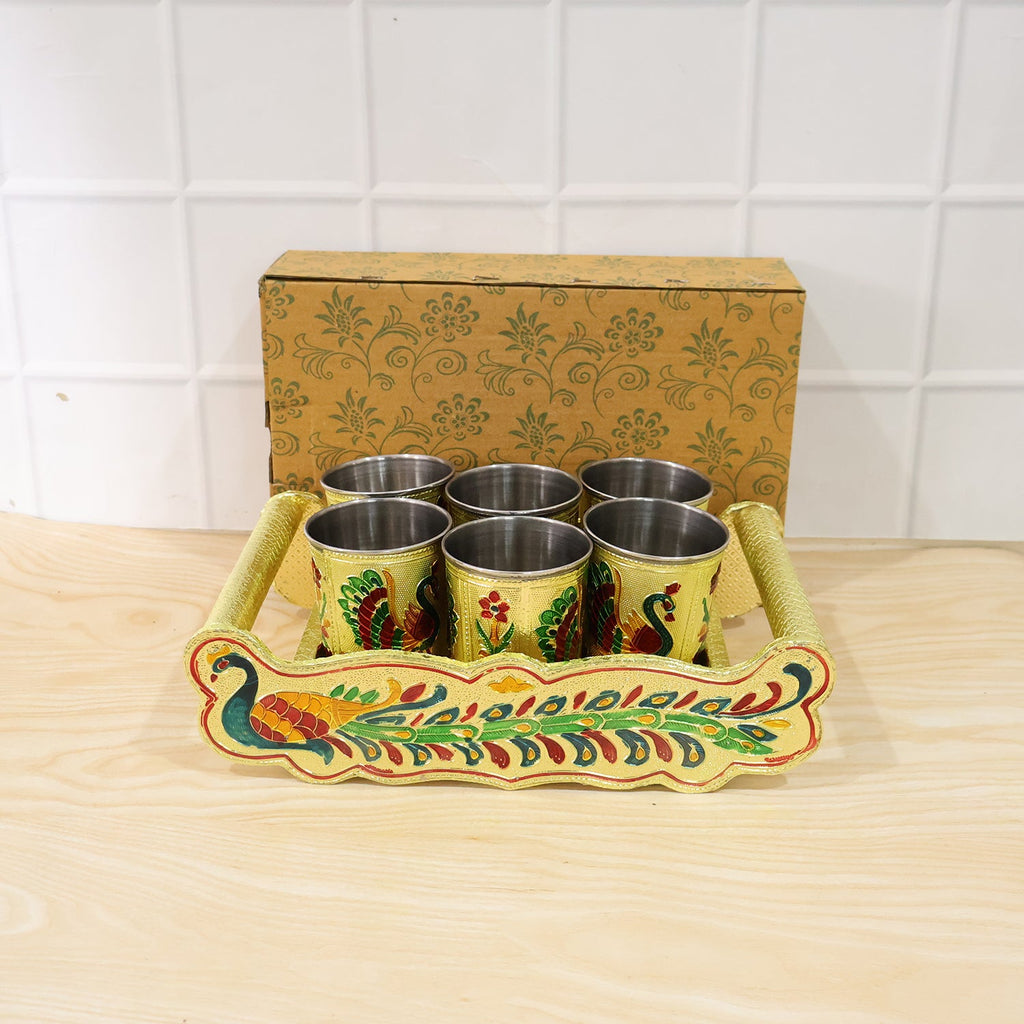 Lifestyle shot of the Minakari serving tray set in a home setting.