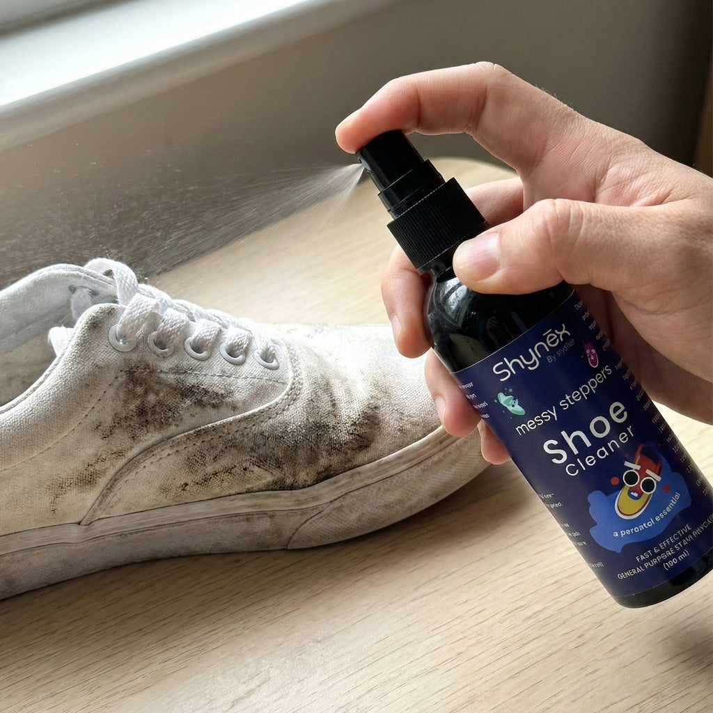 Shoe Cleaner Spray applied on white sneakers to remove stains