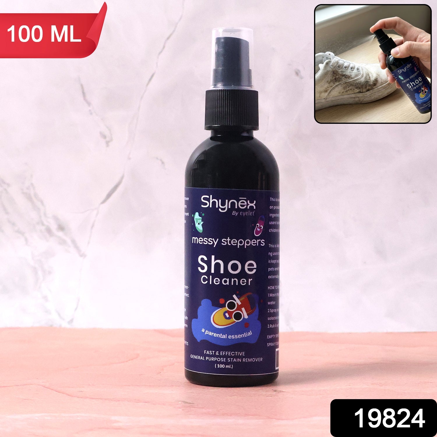 Close-up label of Shoe Cleaner Spray bottle showing product details