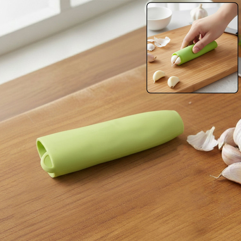 Silicone garlic peeler tube on white background for easy garlic skin removal