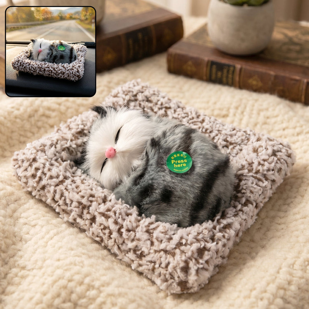 Front view of plush cat showpiece with open eyes