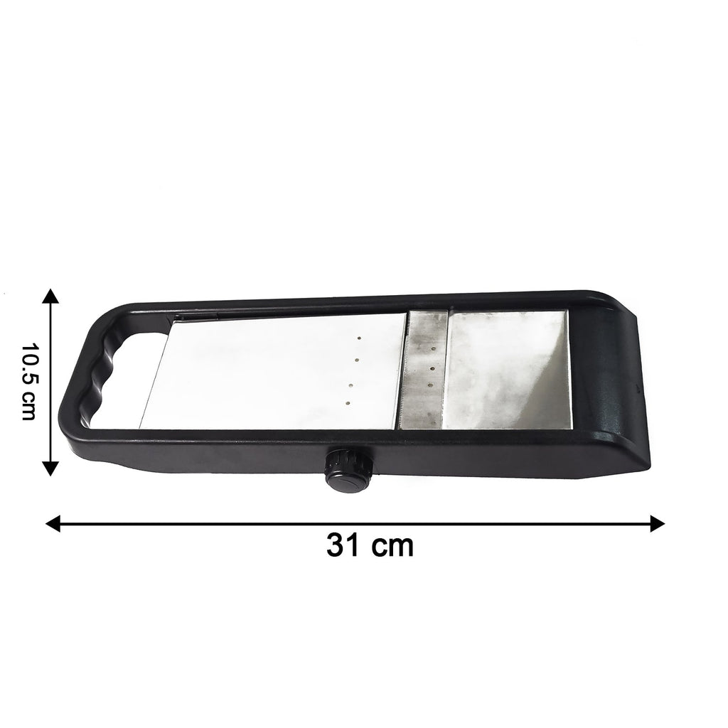 Rear view of the Supermom adjustable slicer, highlighting its sturdy plastic construction.