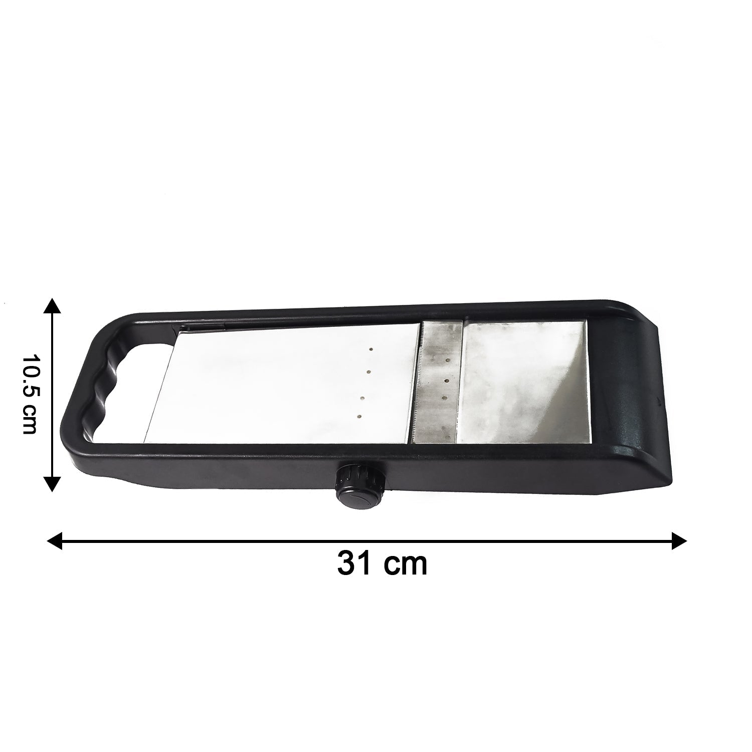 Rear view of the Supermom adjustable slicer, highlighting its sturdy plastic construction.