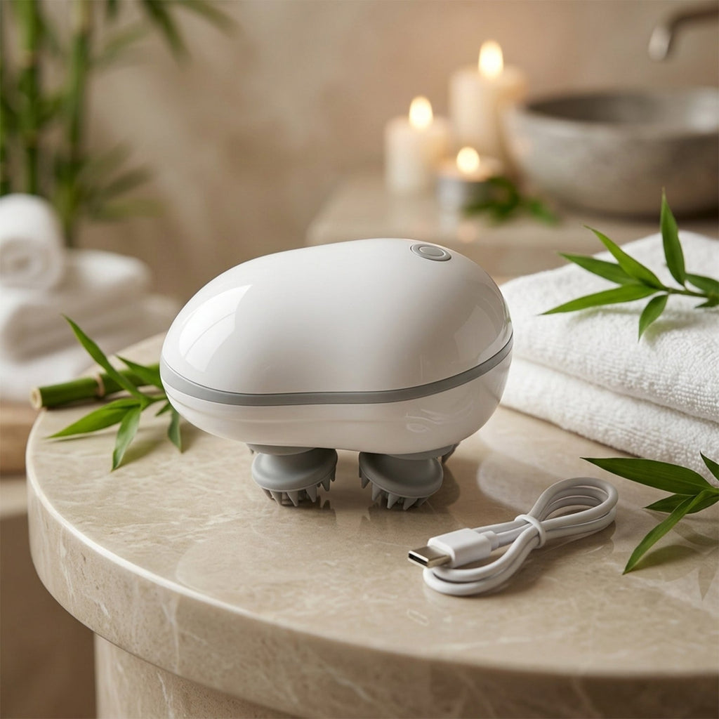 Electric scalp massager in use on scalp and neck providing relief