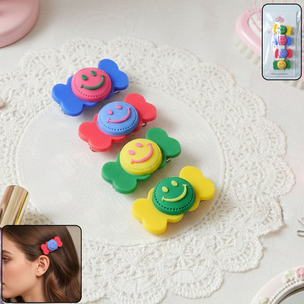 Set of colorful smiley candy hair clips with playful decorative design