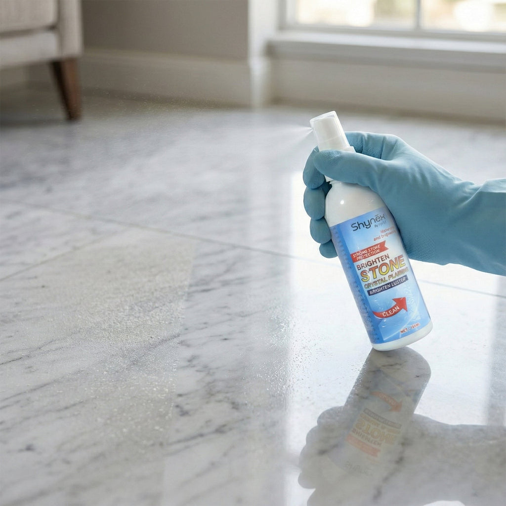 Applying Velvet Wipe natural stone cleaner to a marble surface for deep cleaning.
