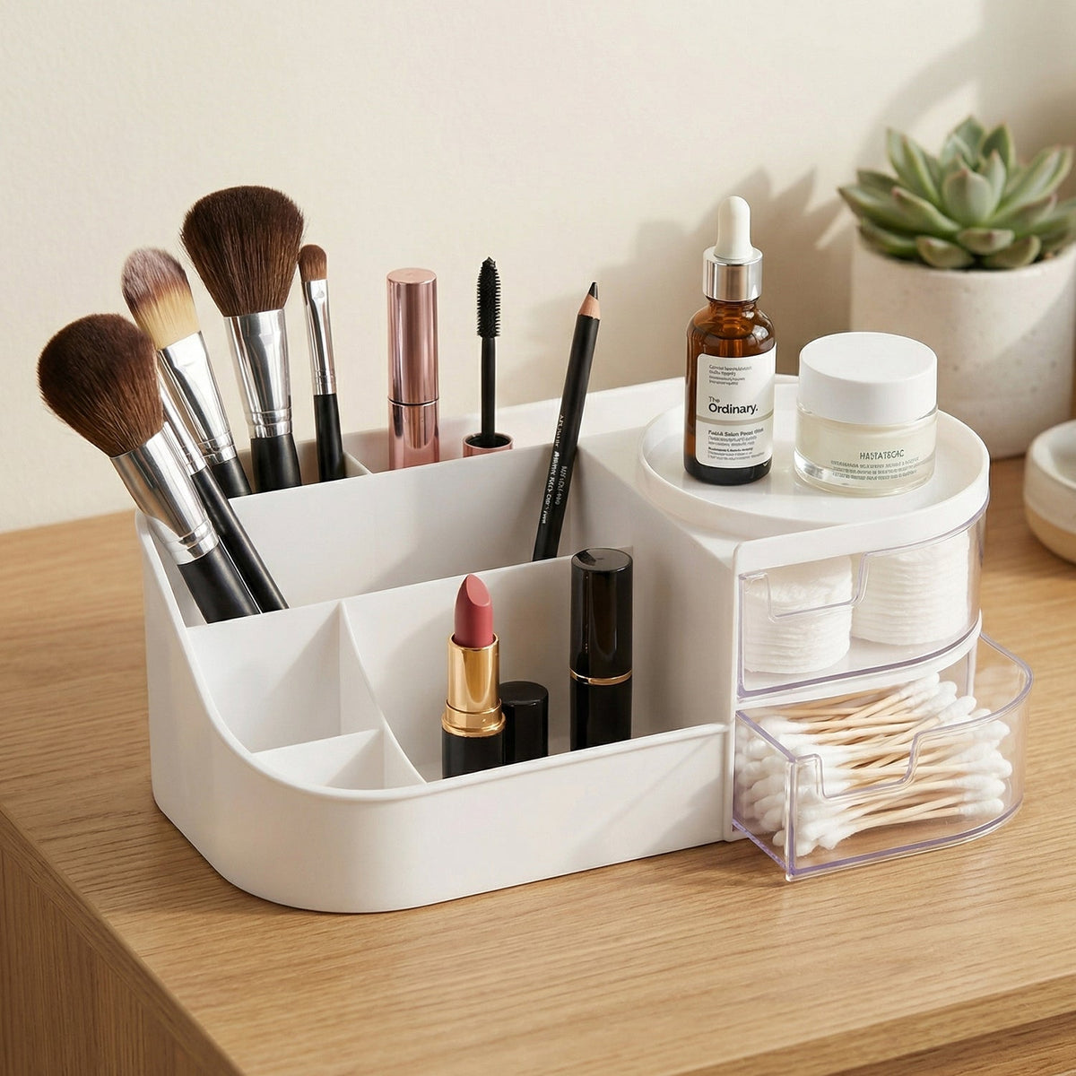Plastic cosmetic organizer for desk and vanity