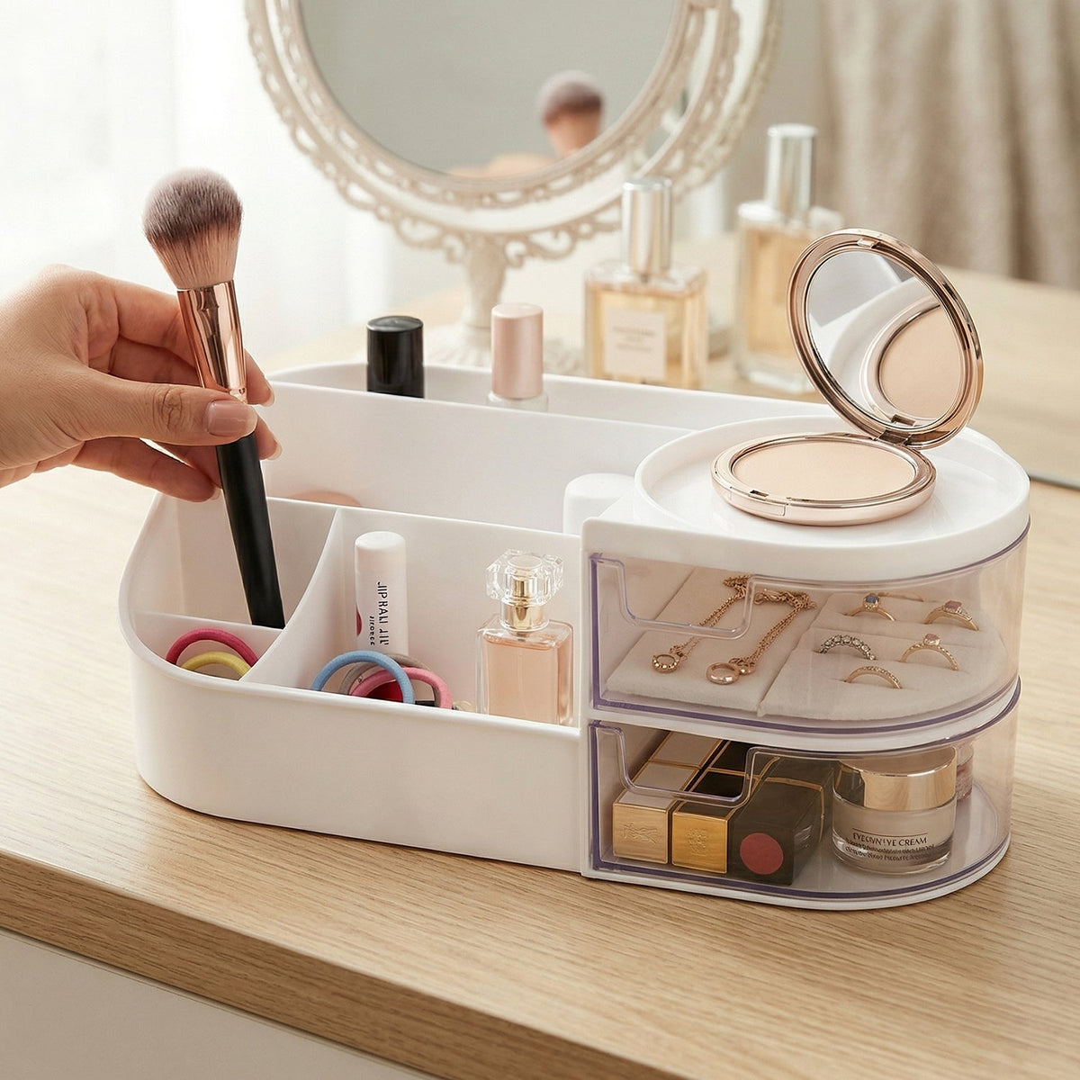 Vanity cosmetic organizer with sliding drawers