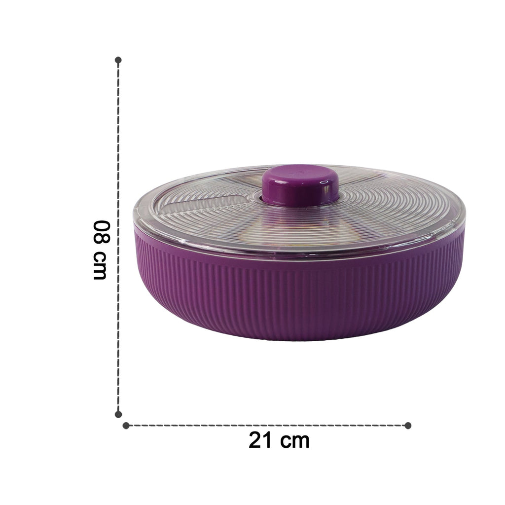 Size comparison of purple rotating snack storage container
