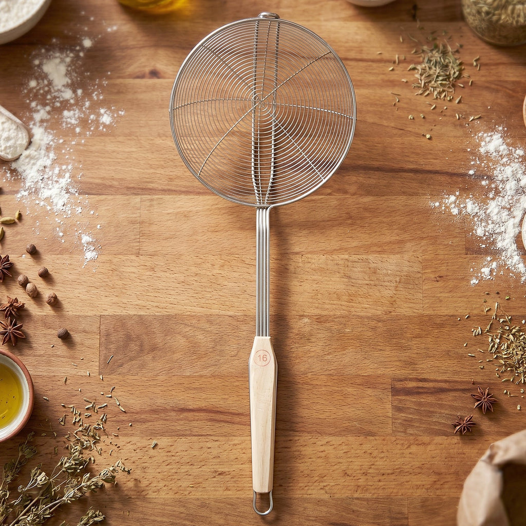 Durable stainless steel kitchen strainer for frying and cooking