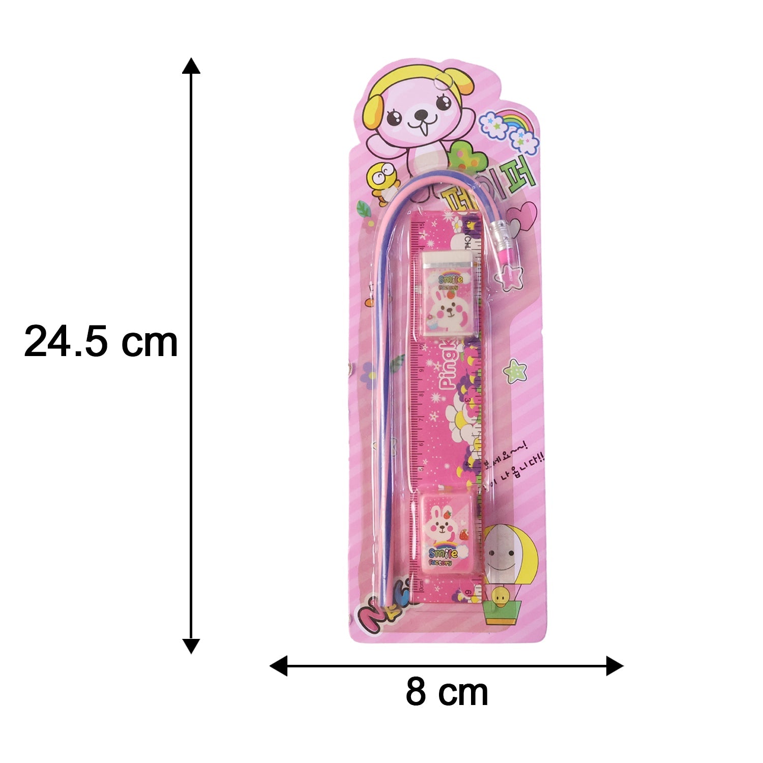 Bright pink stationery tools for kids: ruler, pencil, eraser, sharpener