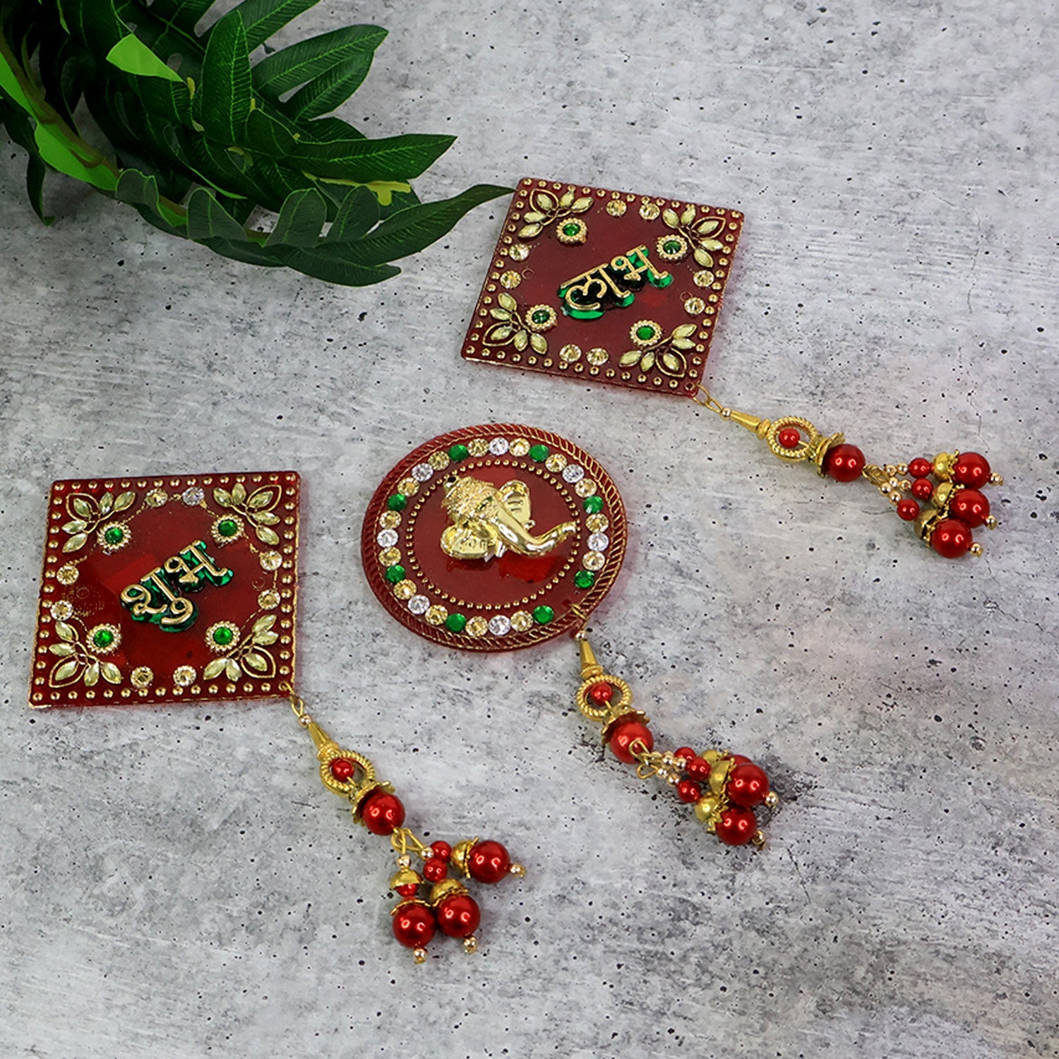 Festive Shubh Labh Ganesh wall hanging set with detailed bead embellishments