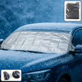 Universal car windshield snow and sun protection cover securely fitted on vehicle