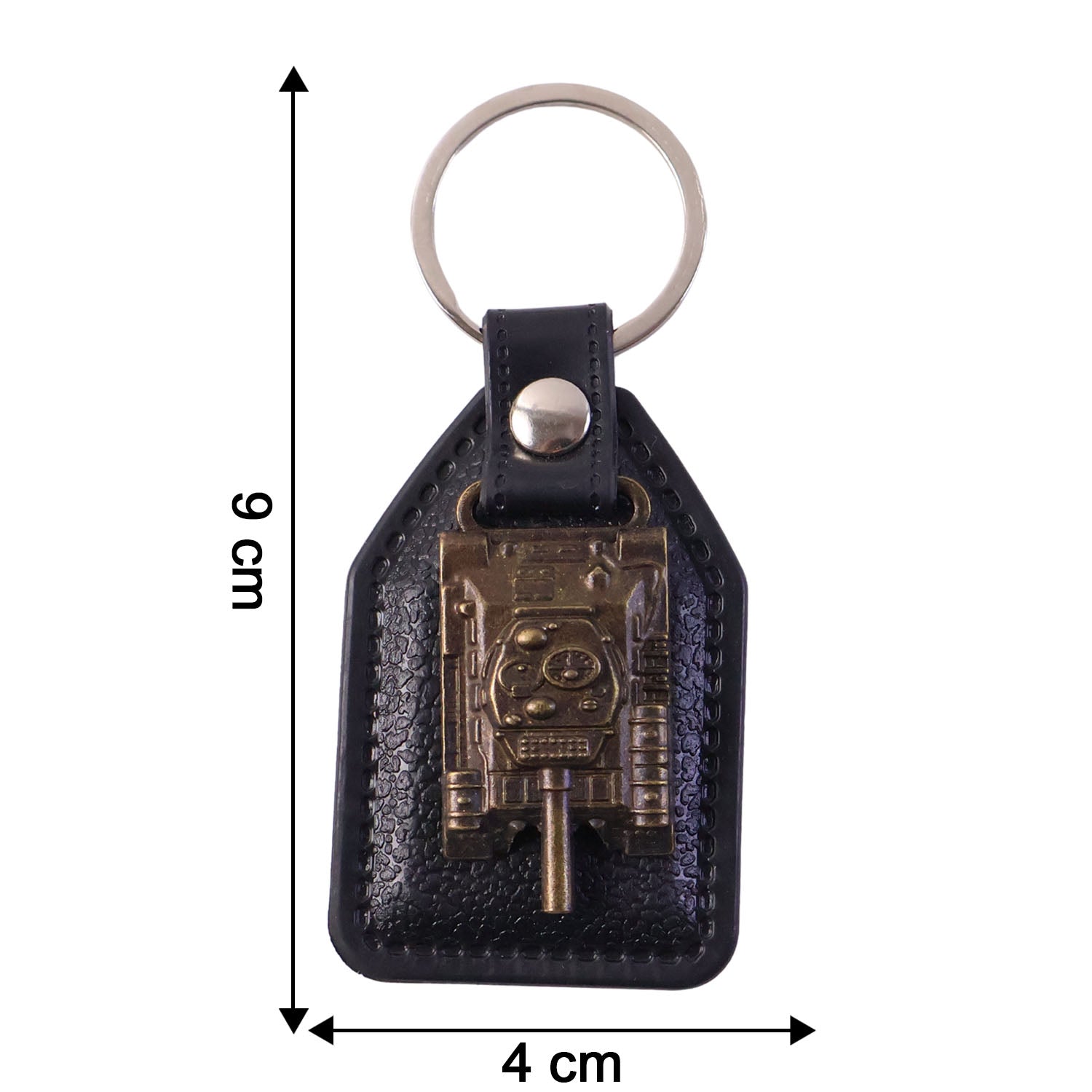Size display of military tank design leather finish keychain showing compact dimensions
