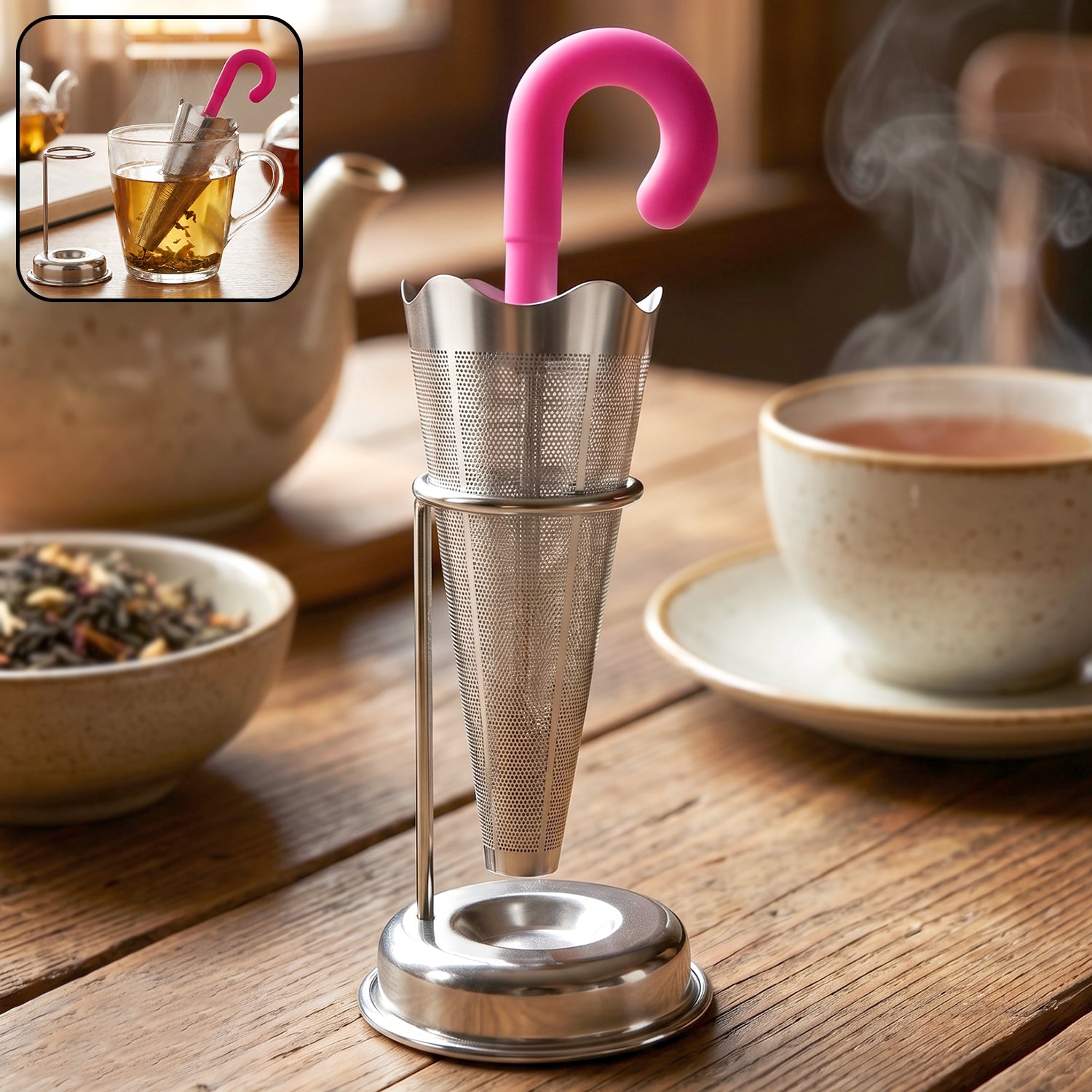 Shiny stainless steel tea strainer with umbrella design and integrated drip tray stand.