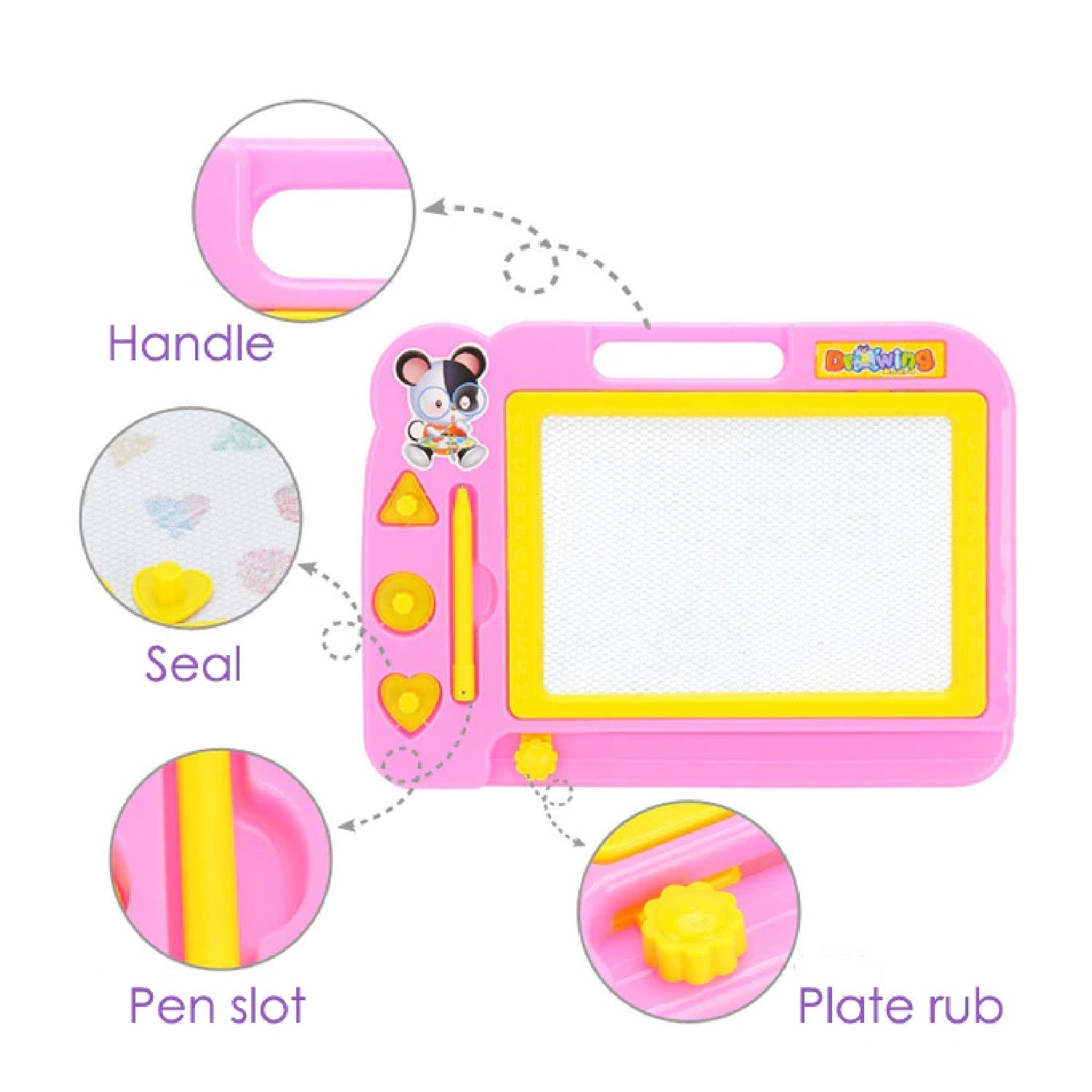 Brightly colored Aditi Magnetic Drawing Board with an easy-erase slider and stamps.