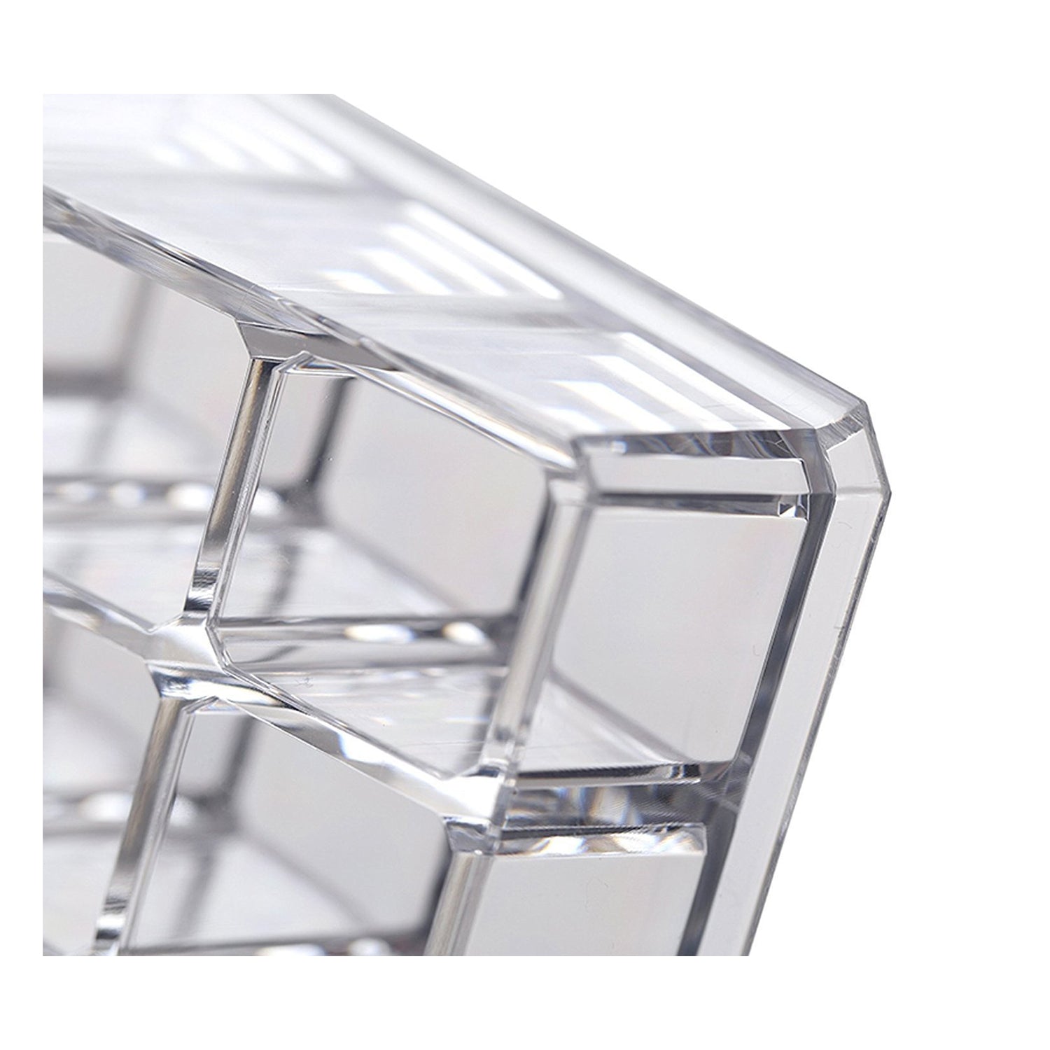 Clear acrylic display stand for cosmetics with 24 compartments, emphasizing its practical use for daily makeup.
